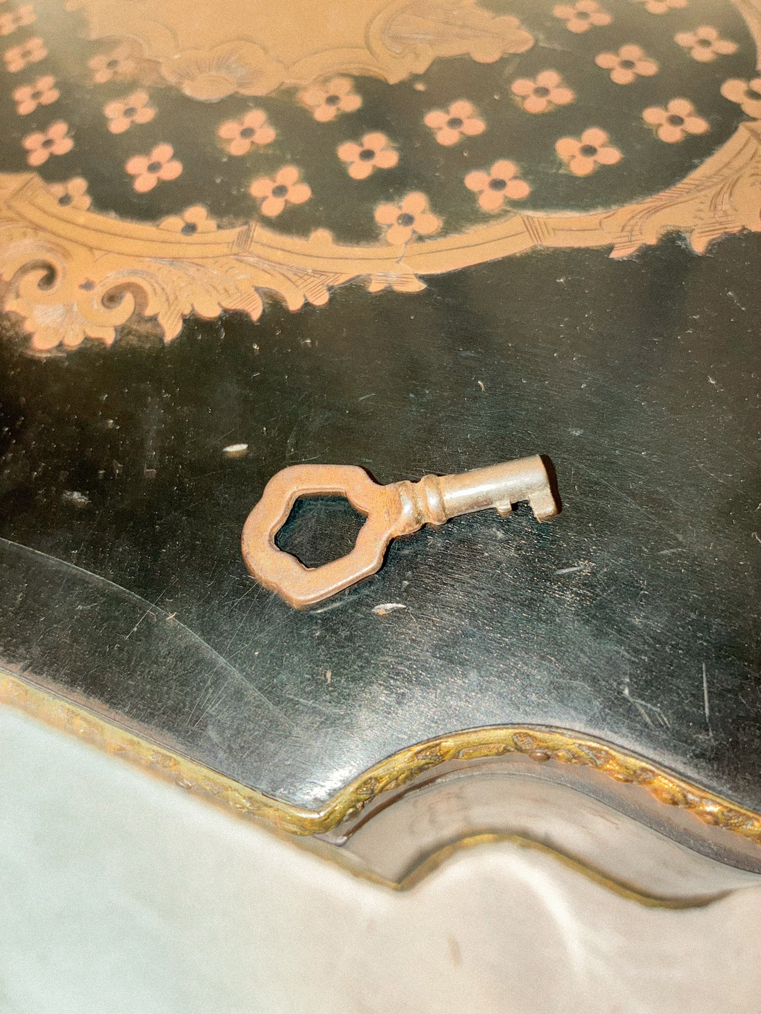 19th-Century French Marquetry Box with Brass Inlay and Ormolu Mounts