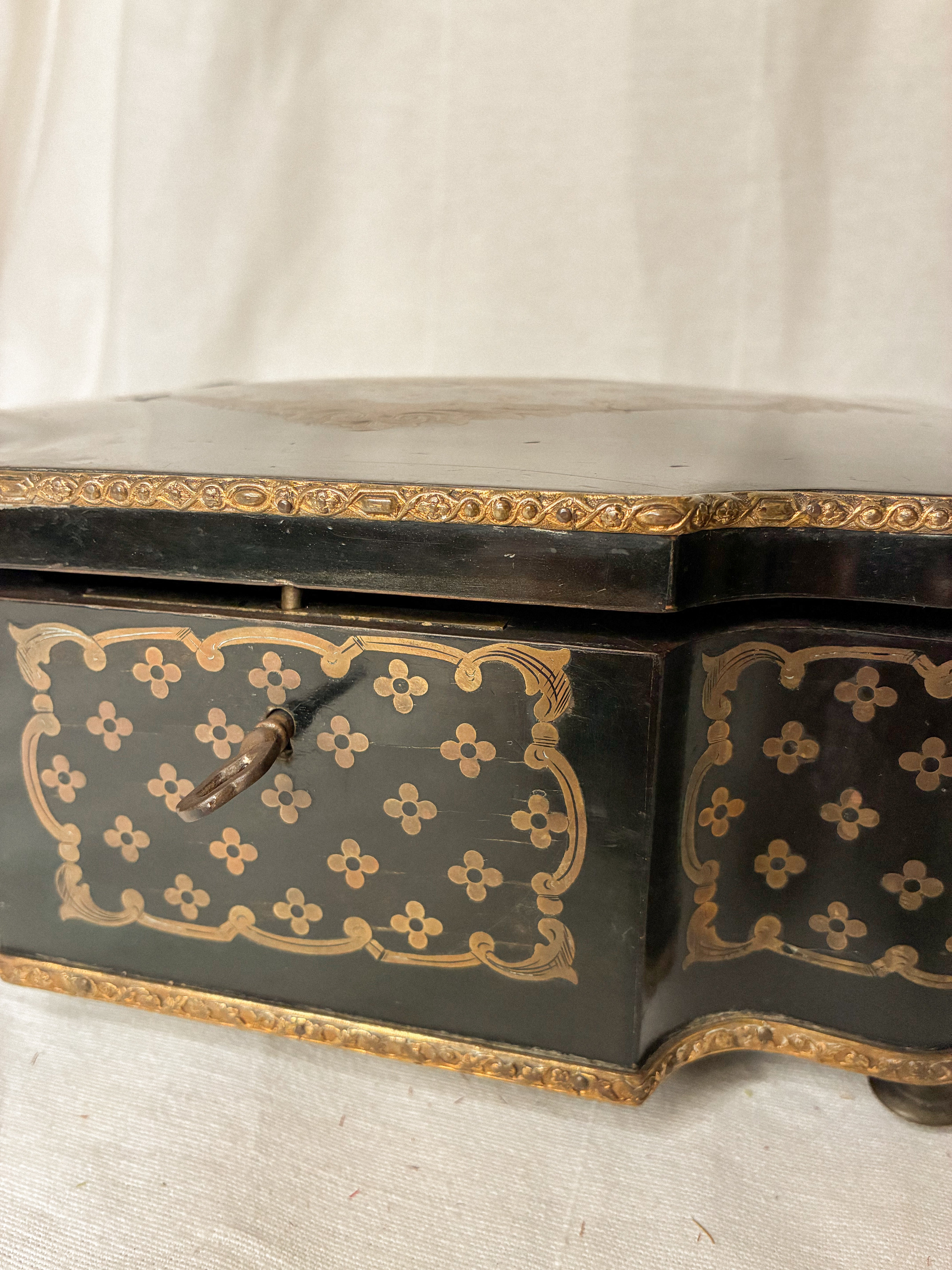 19th-Century French Marquetry Box with Brass Inlay and Ormolu Mounts