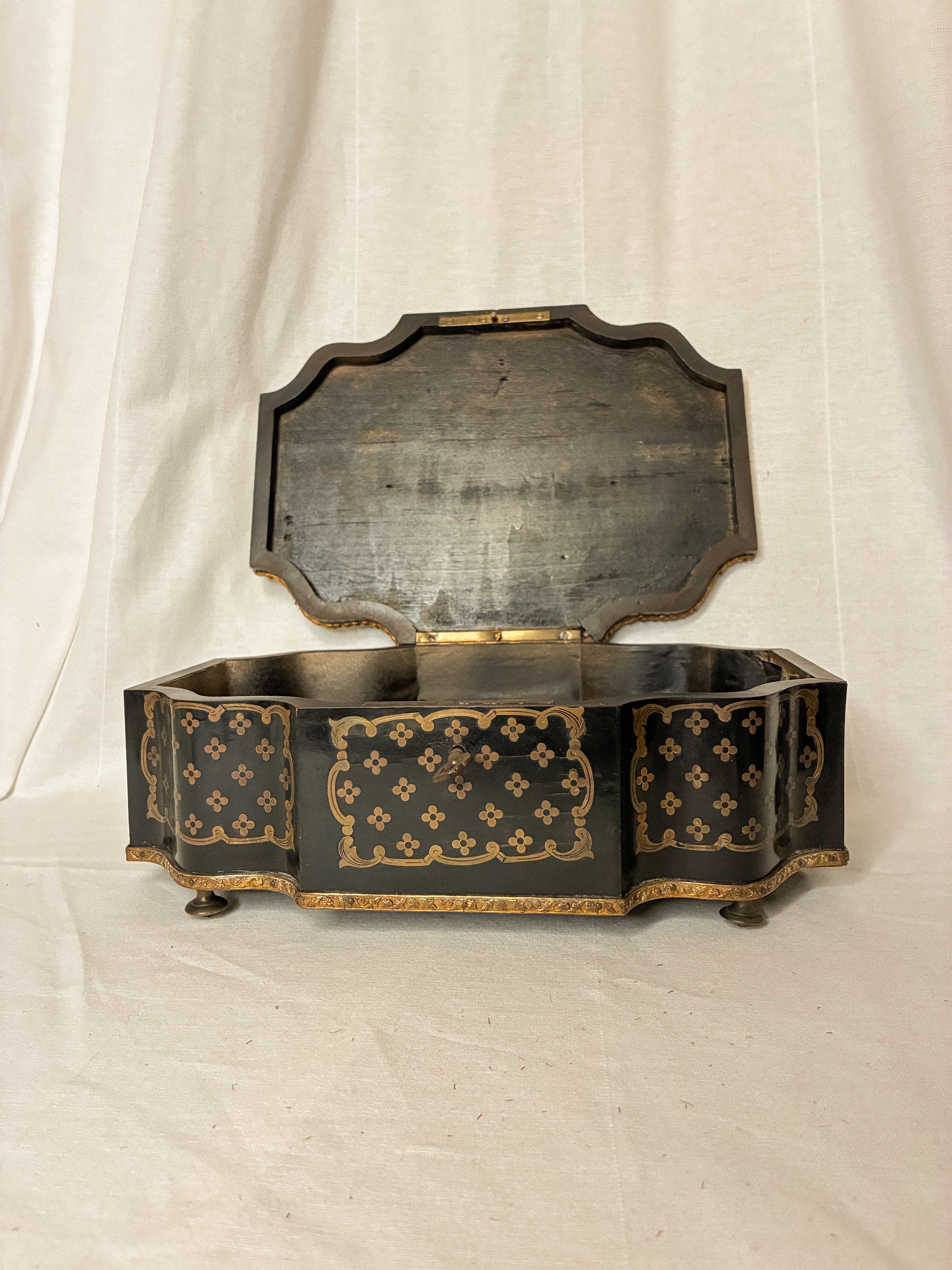 19th-Century French Marquetry Box with Brass Inlay and Ormolu Mounts