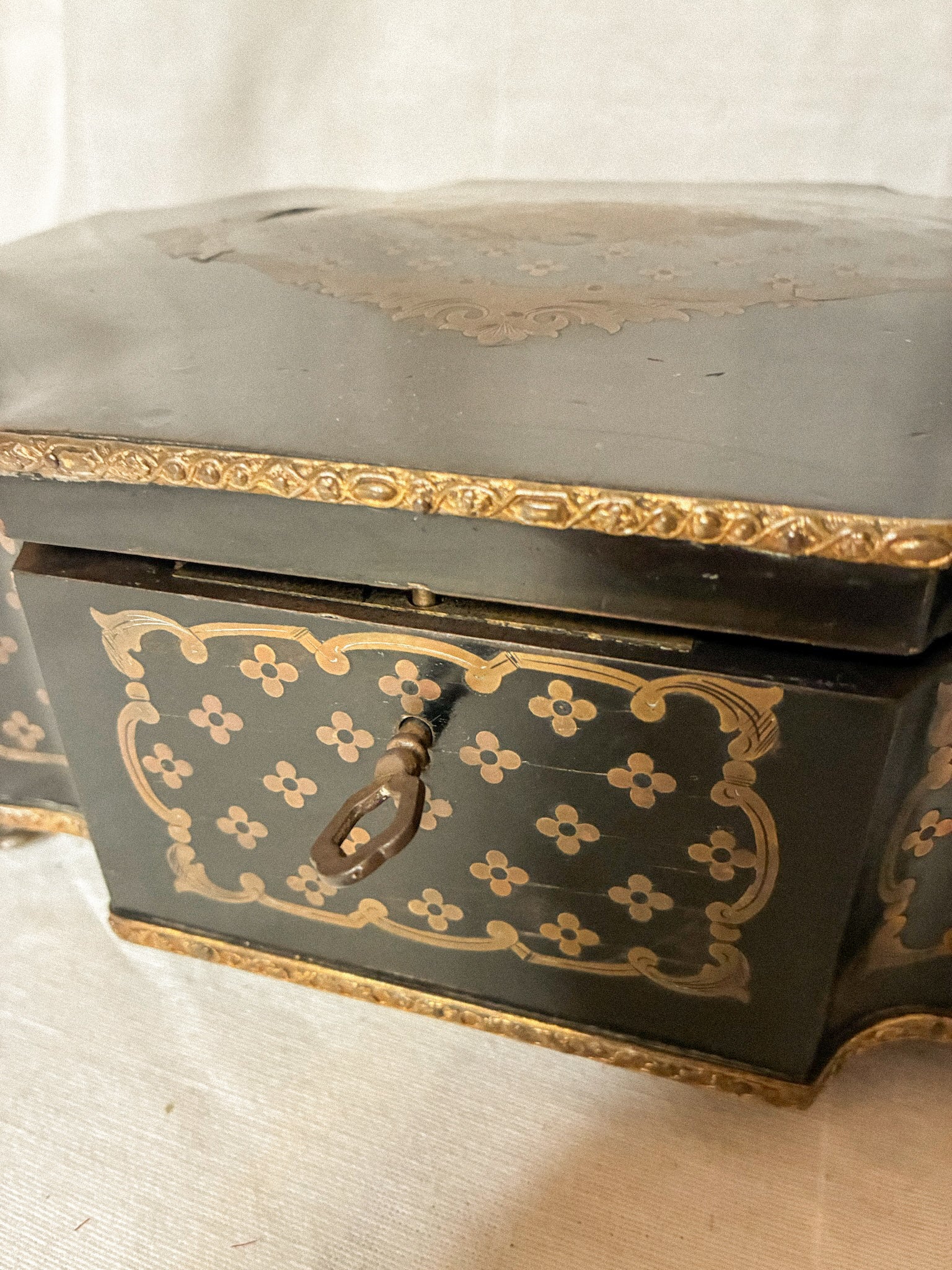 19th-Century French Marquetry Box with Brass Inlay and Ormolu Mounts