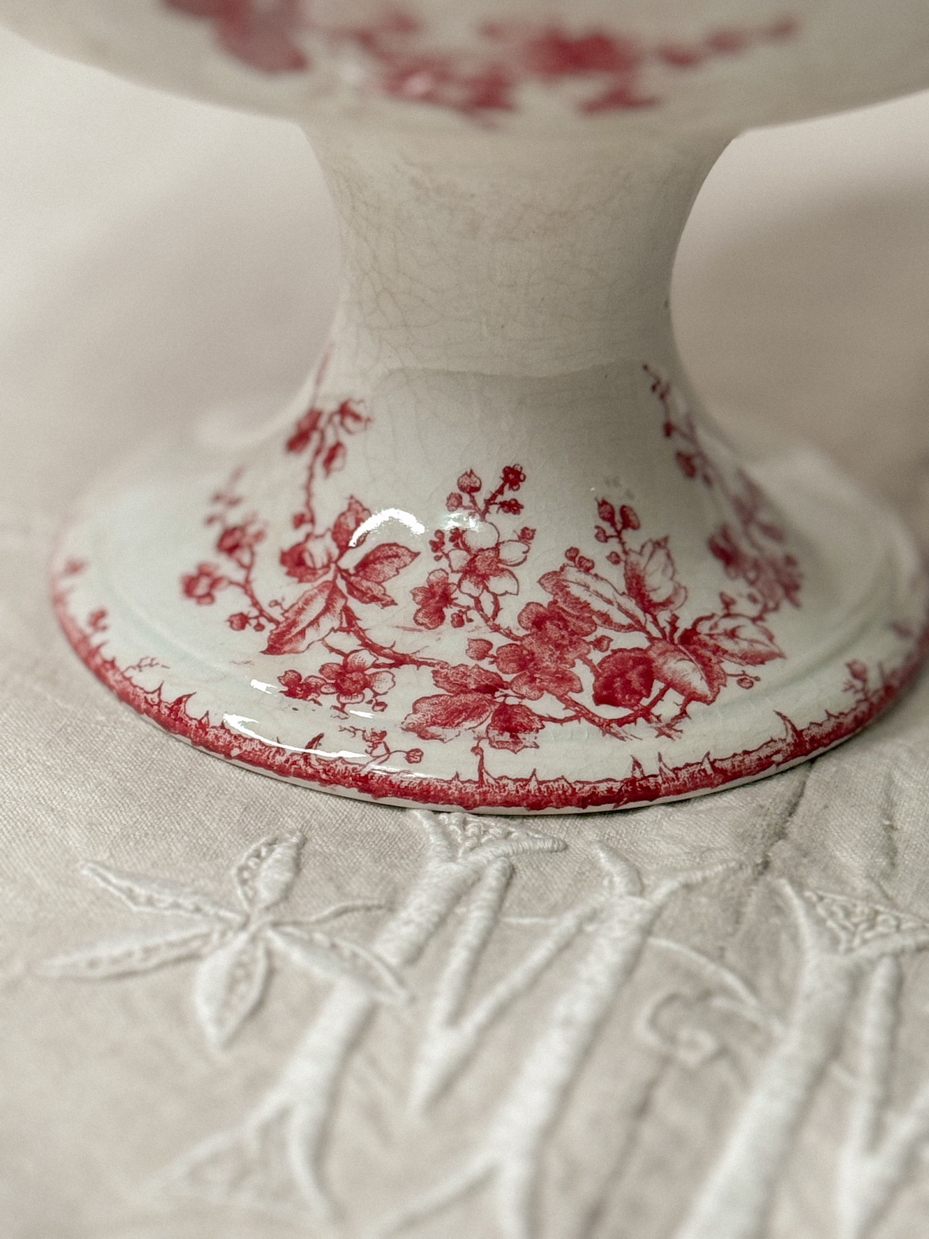 Antique French Red Transfer Bird & Floral Compotier