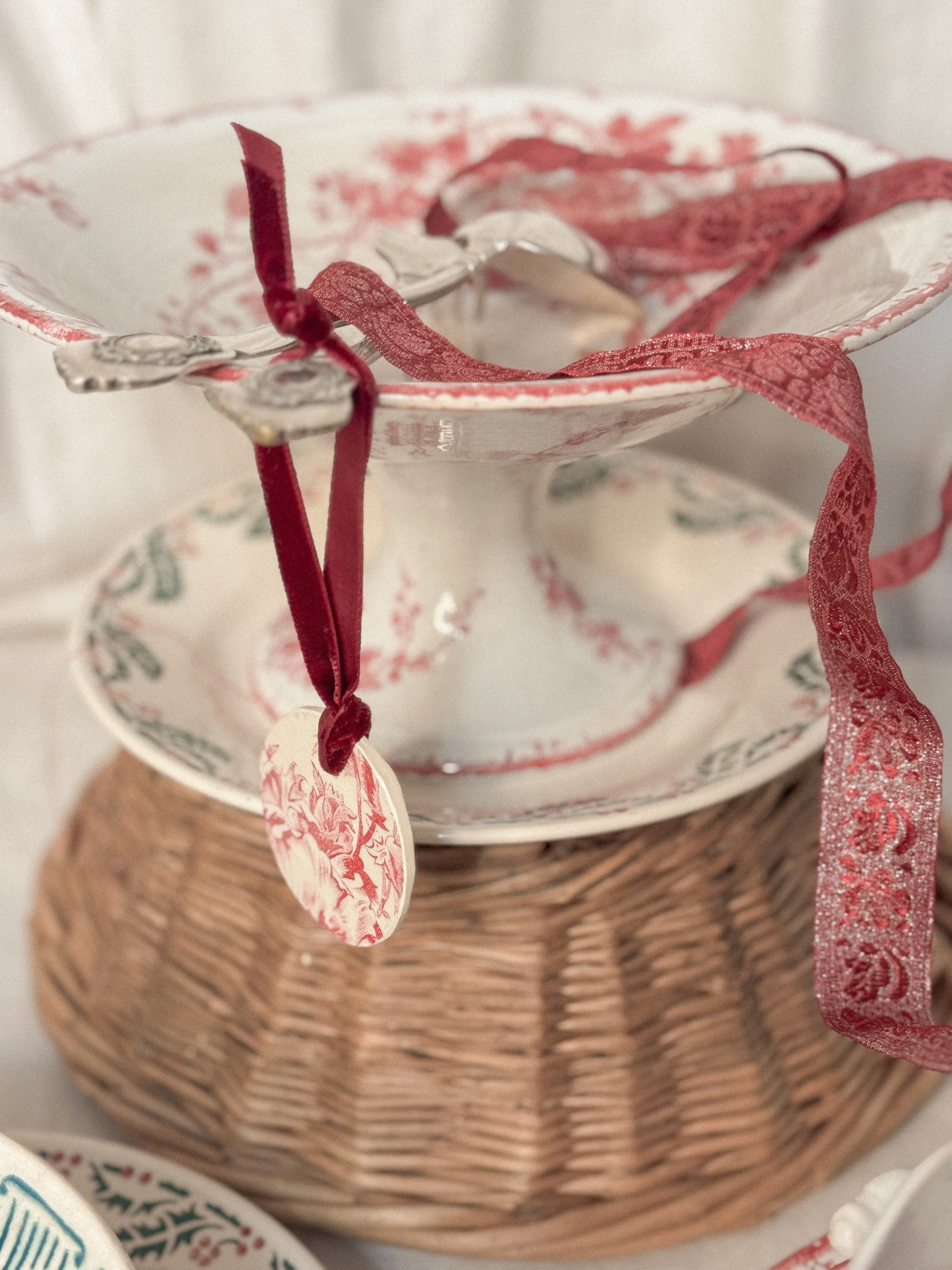 Antique French Red Transfer Bird & Floral Compotier