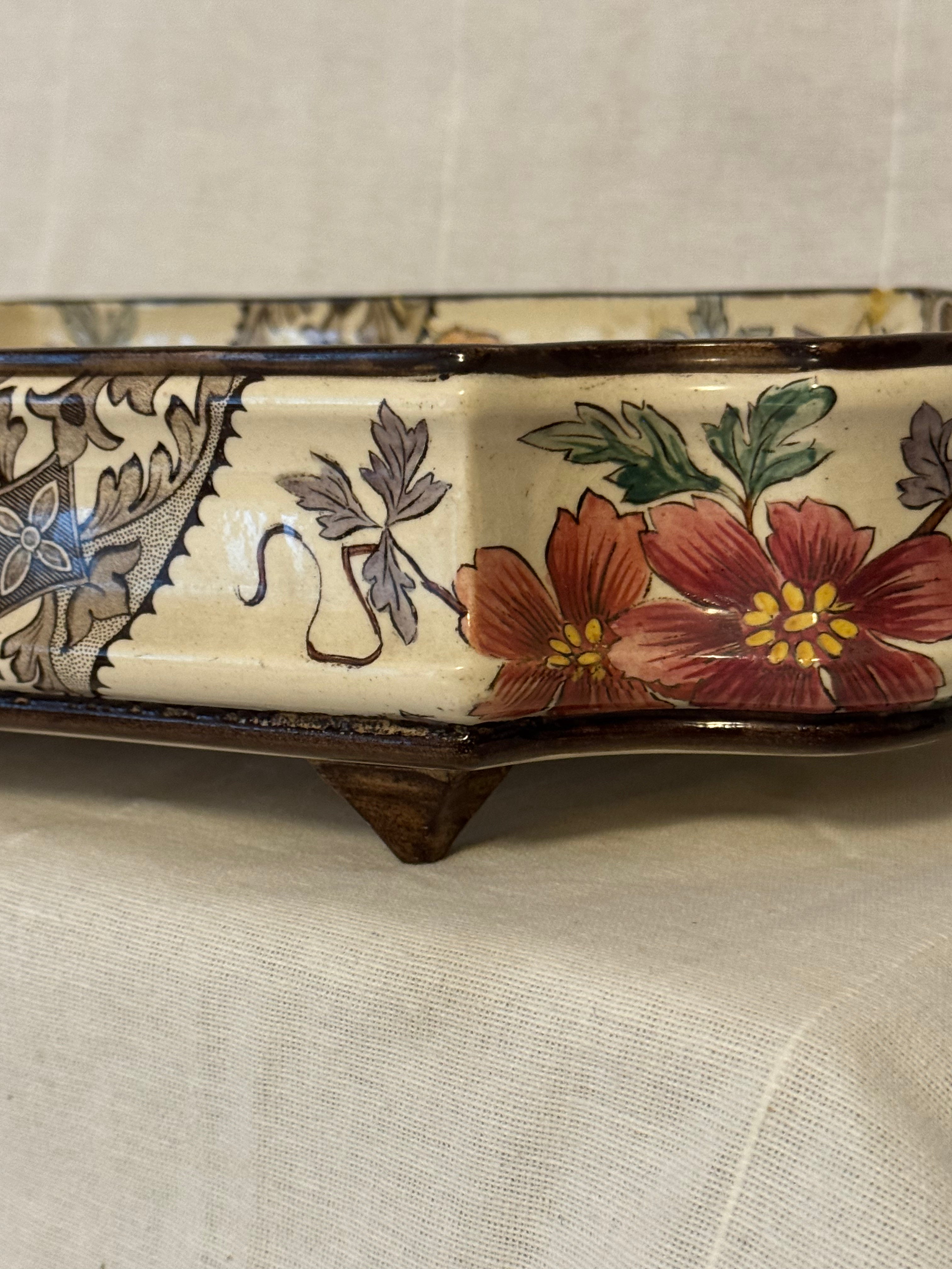 Rare Antique Gien Jardinière with Molded Ceramic Mounts