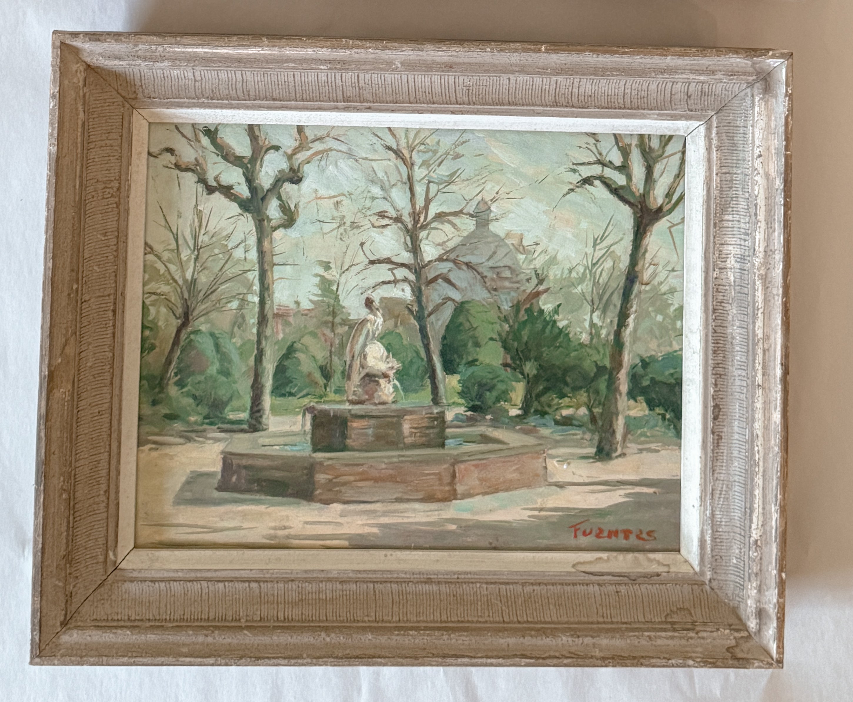 Mid-Century Oil, Park Scene with Fountain