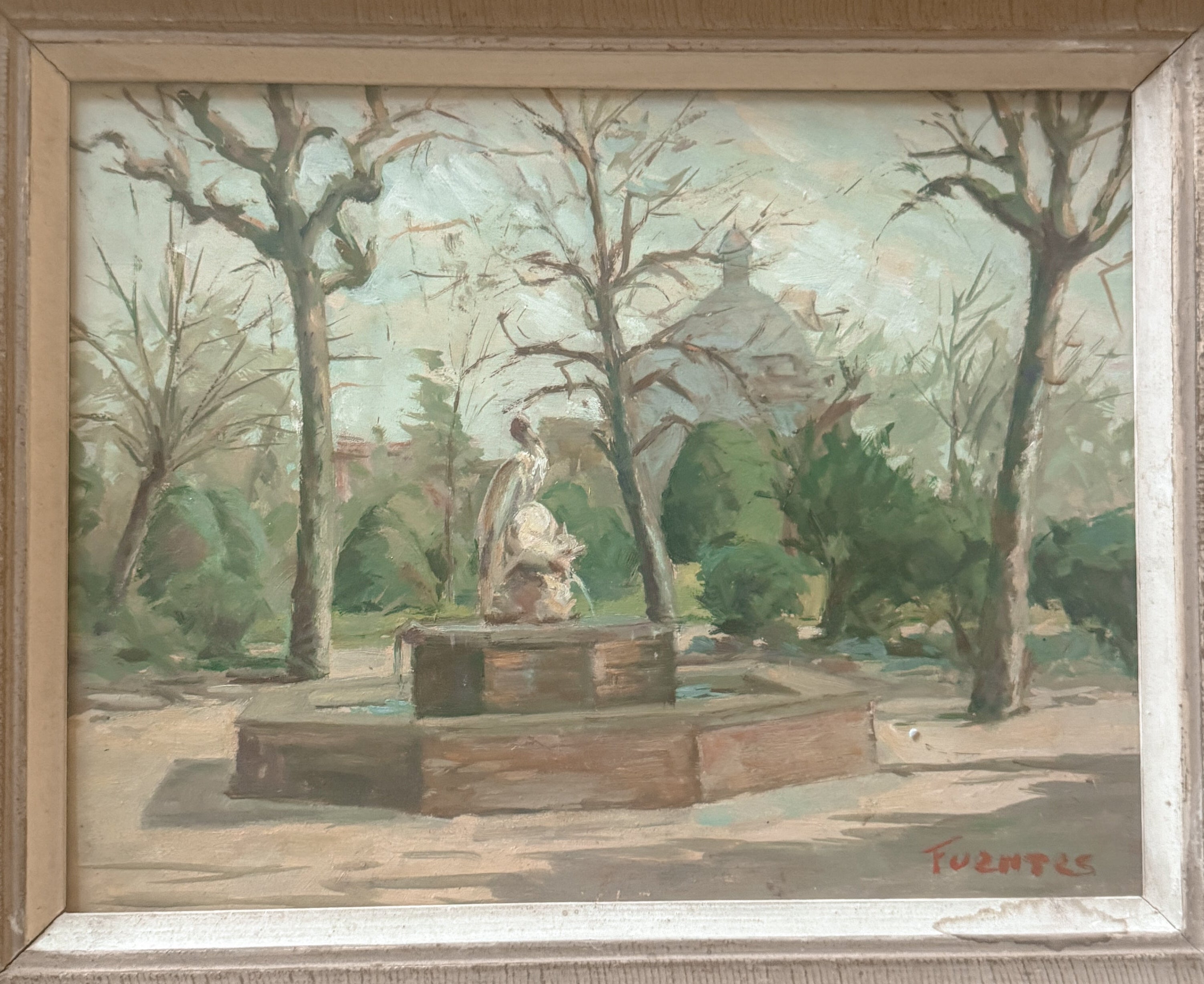 Mid-Century Oil, Park Scene with Fountain