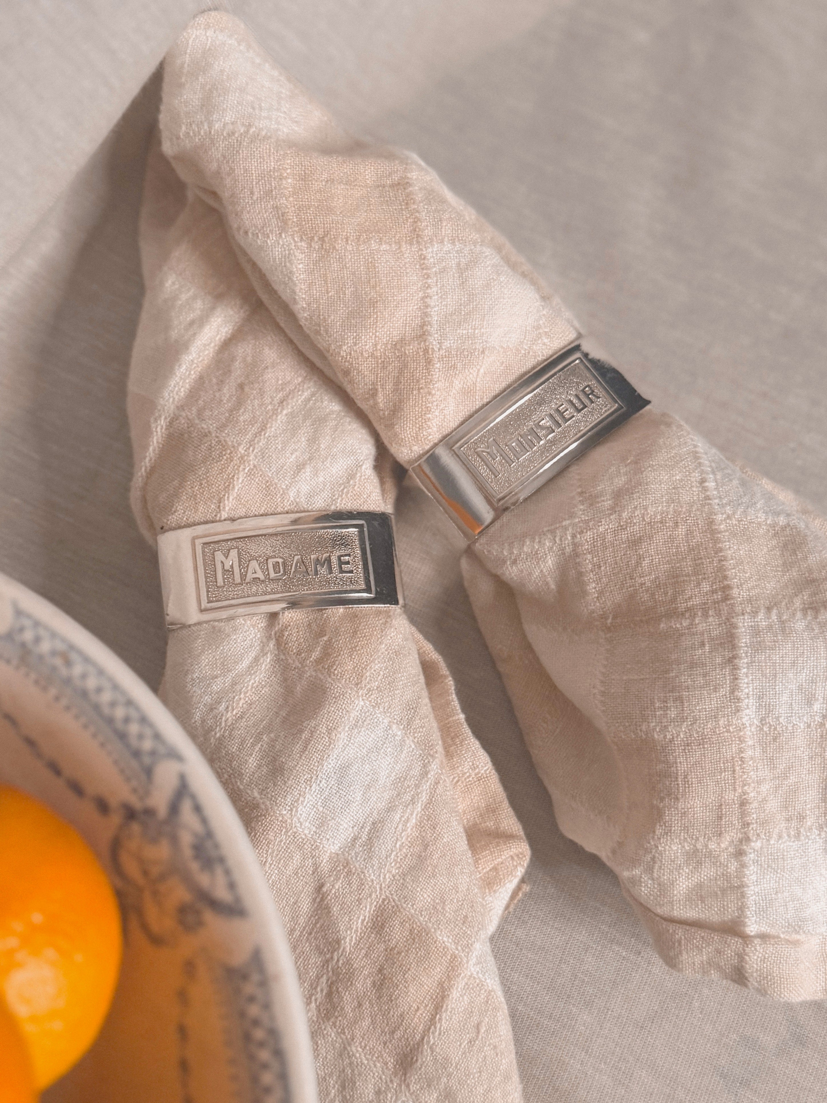 set of Madame and Monsieur vintage silver plate napkin rings