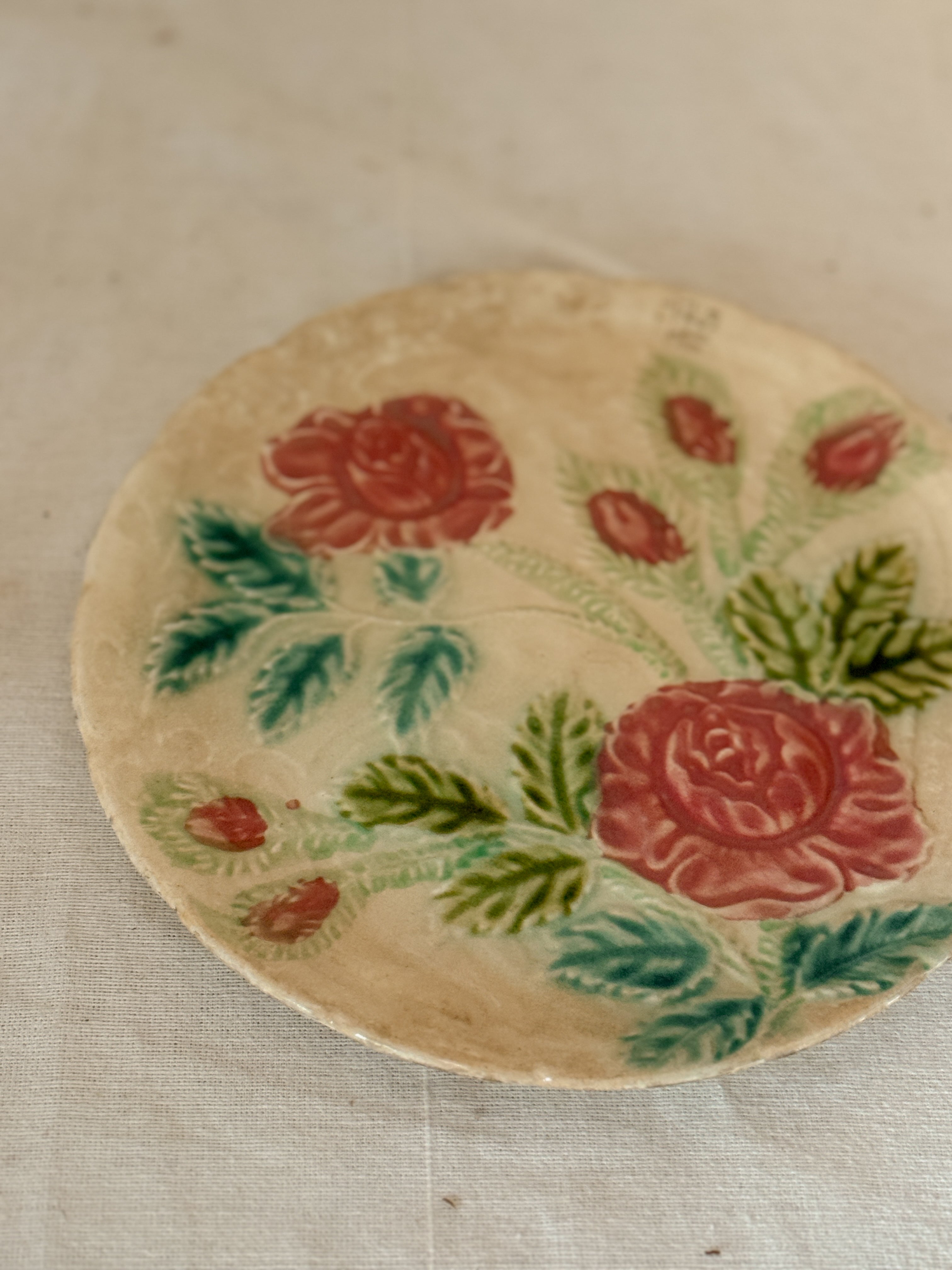 Antique Majolica Plate with Rose Relief, French, circa 1880 to 1910
