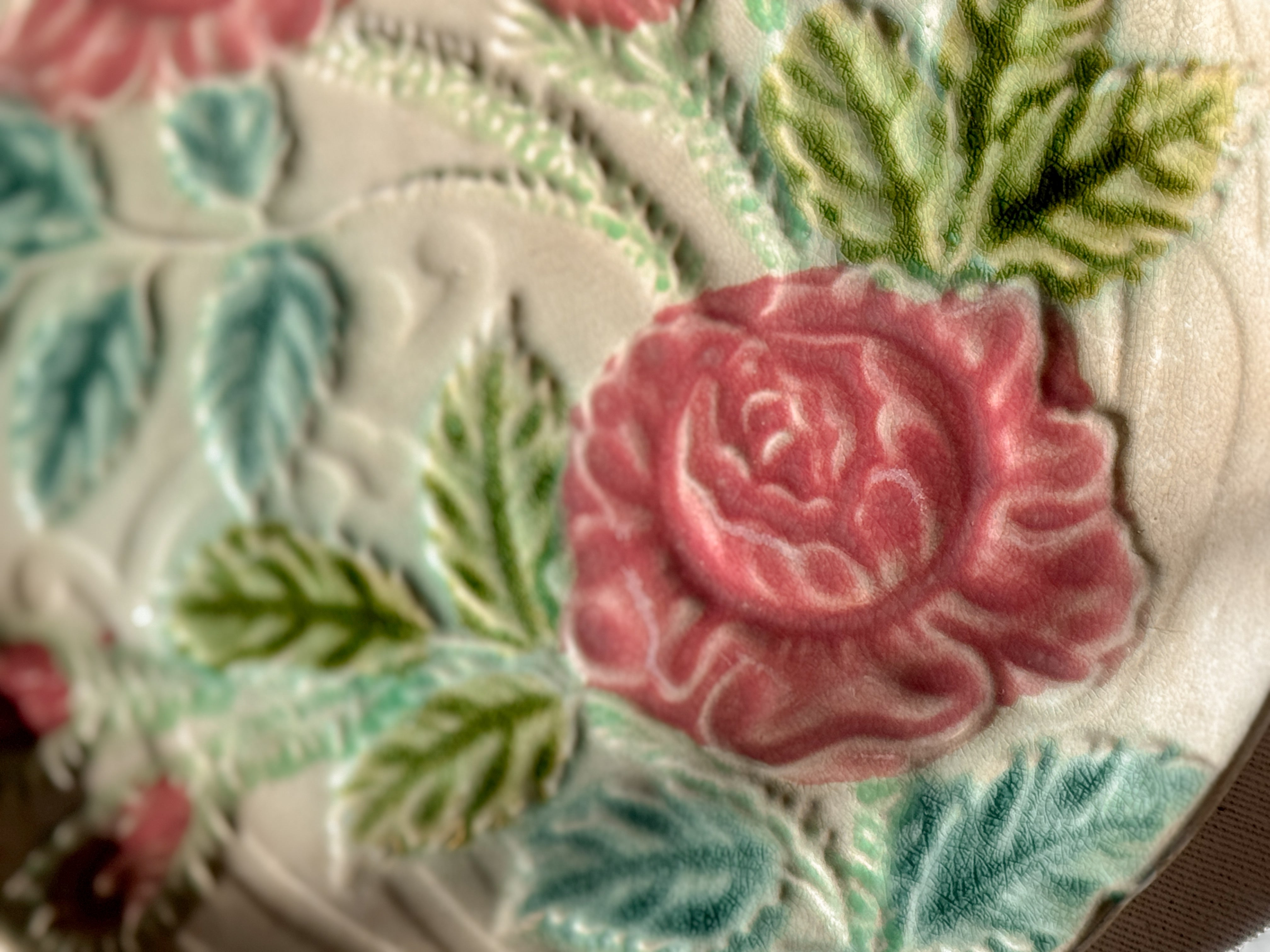 Antique Majolica Plate with Rose Relief, French, circa 1880 to 1910