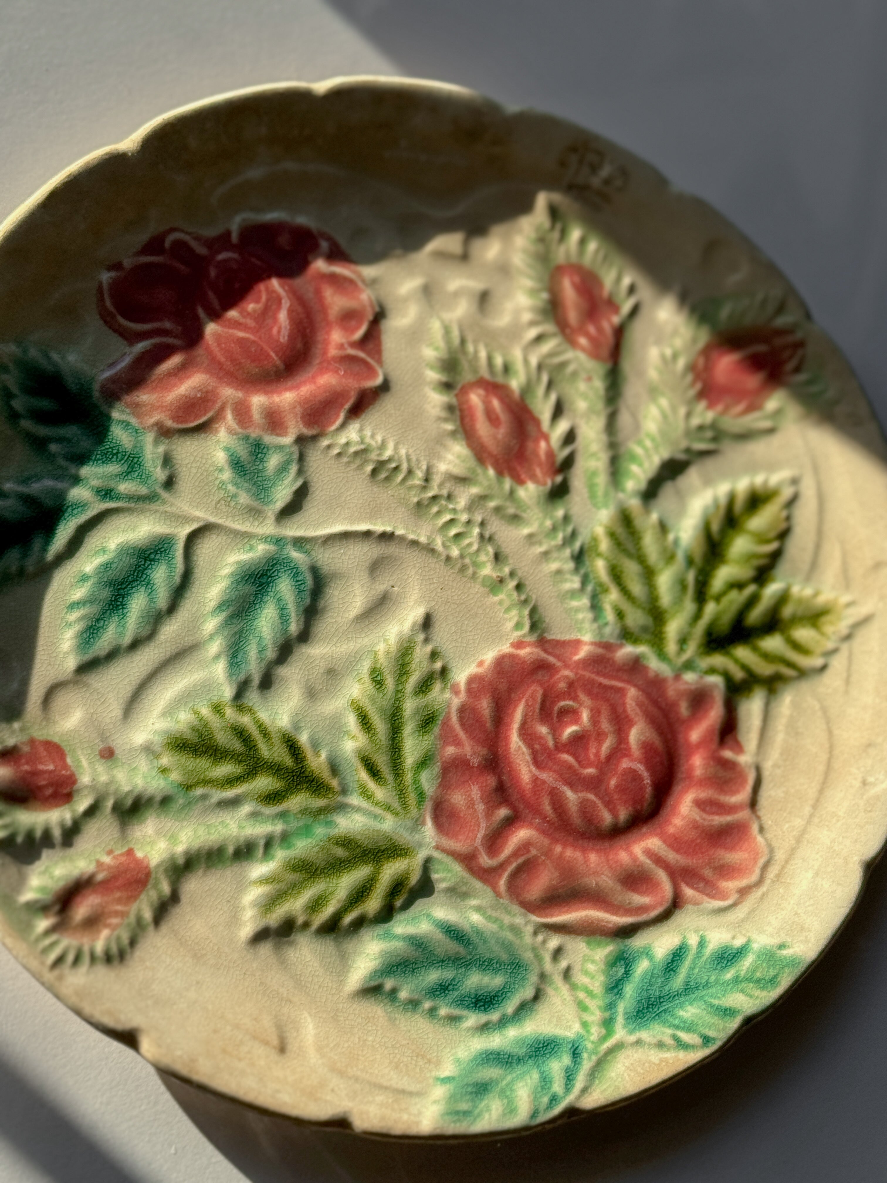 Antique Majolica Plate with Rose Relief, French, circa 1880 to 1910