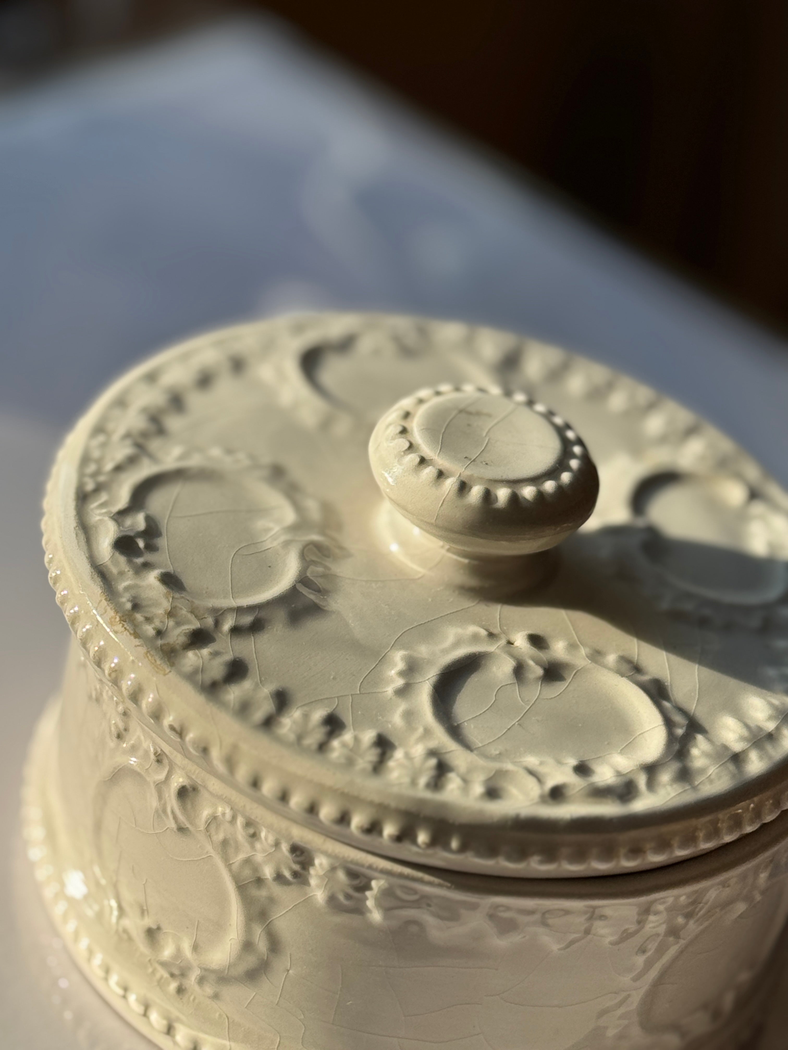 Antique Cream-Glazed Earthenware Lidded Box, French or English, 19th Century