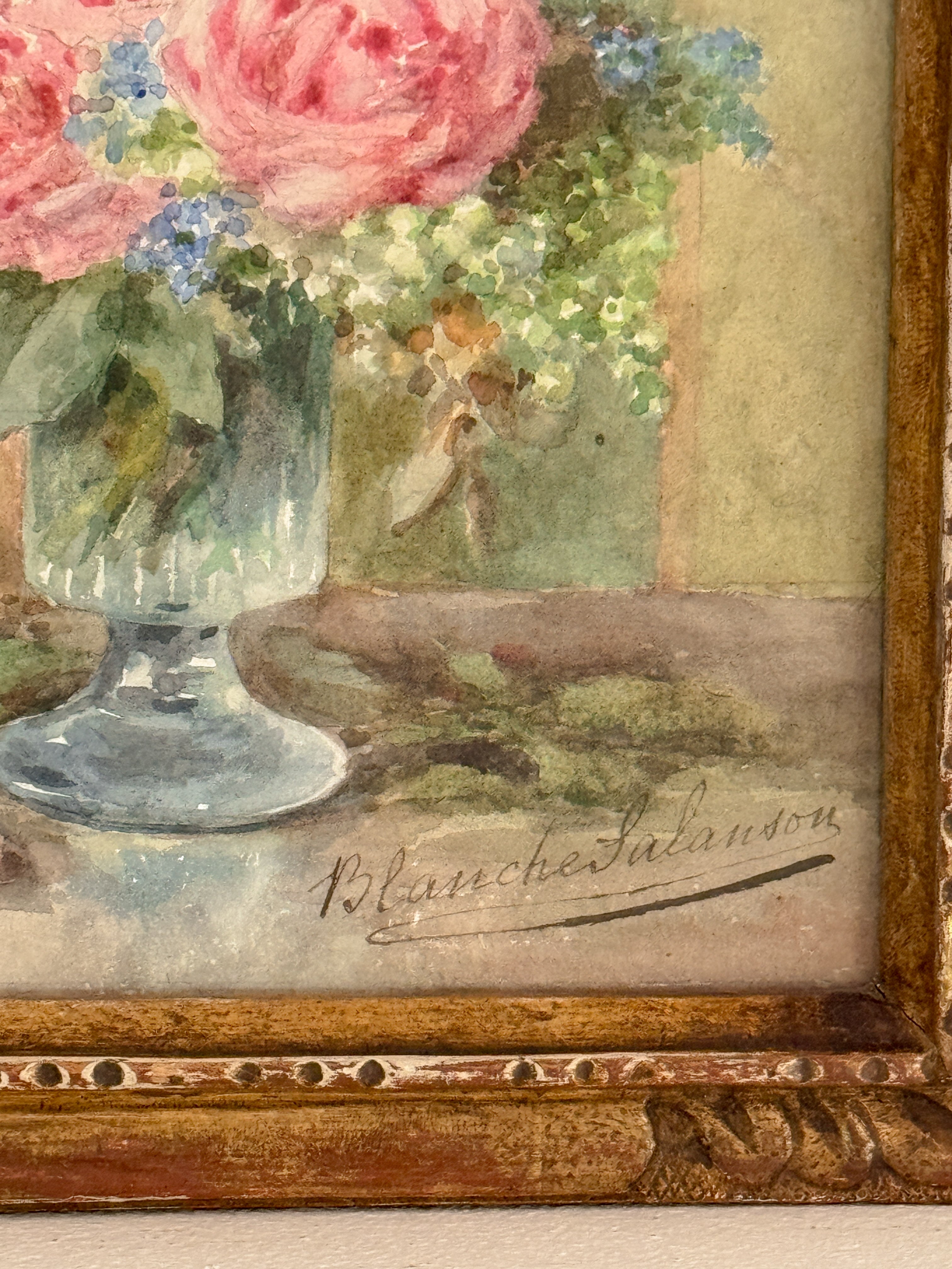 Antique French Floral Watercolor, Signed Salanson, Paris, circa 1899