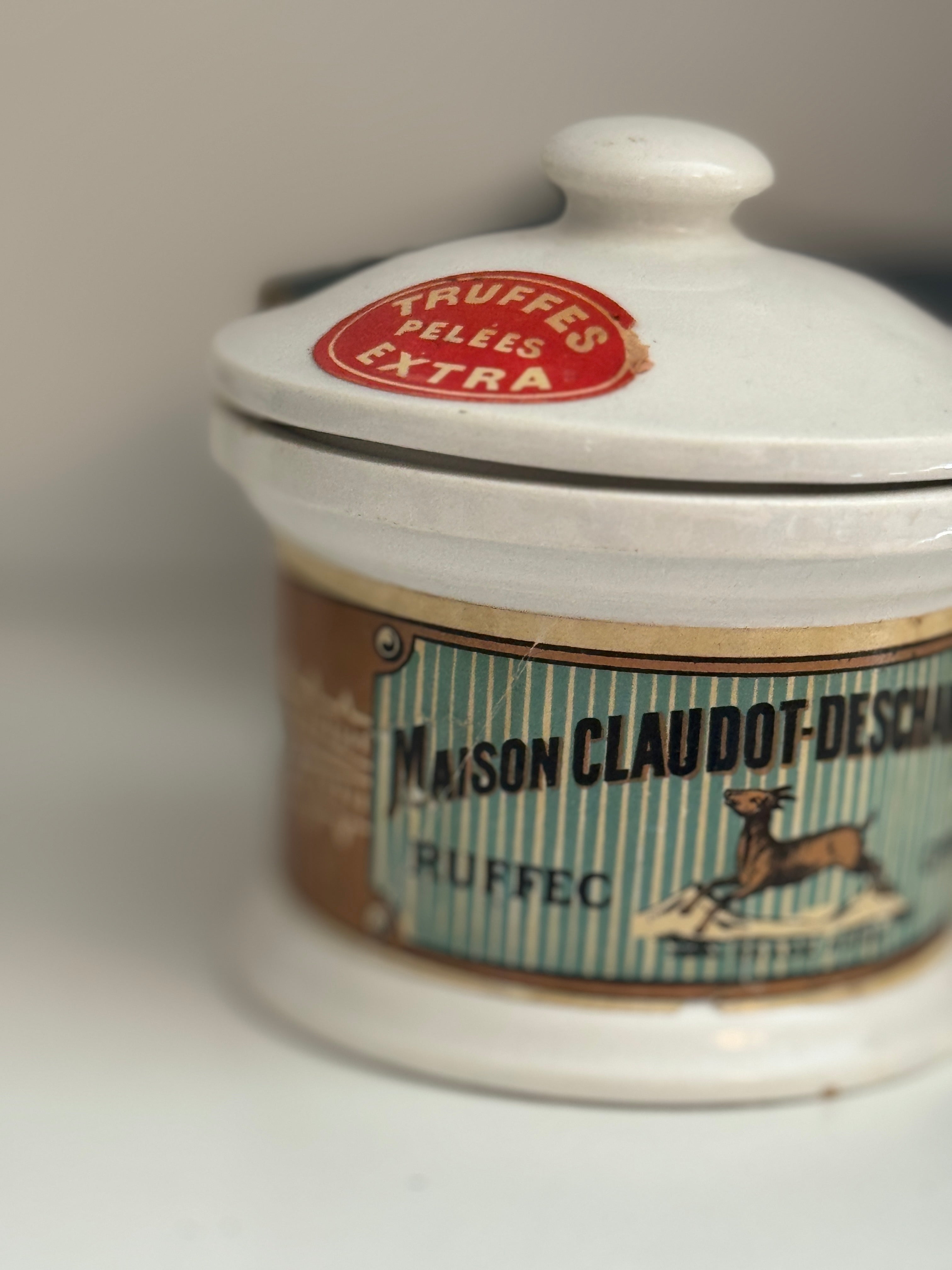 Antique French Truffle Pot with Original Labels, Early 20th Century