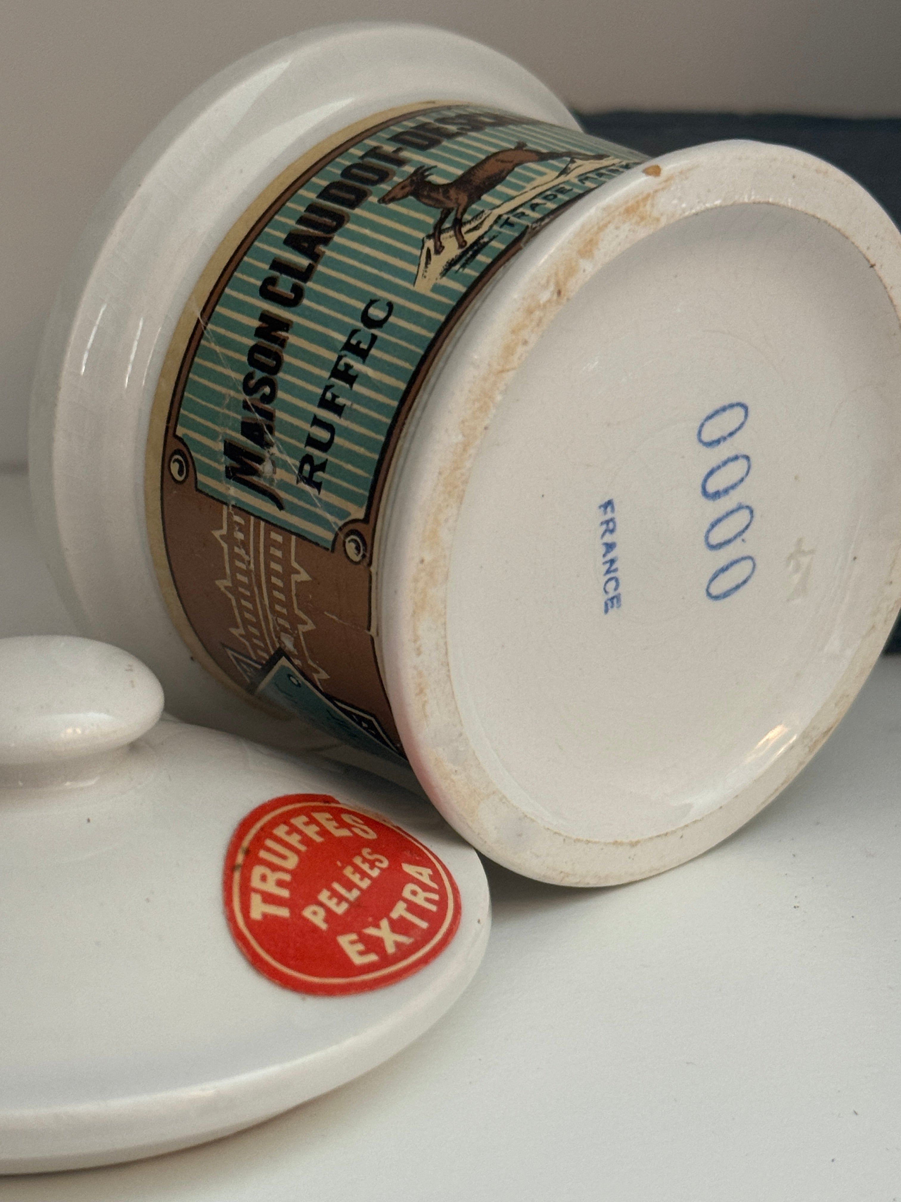 Antique French Truffle Pot with Original Labels, Early 20th Century