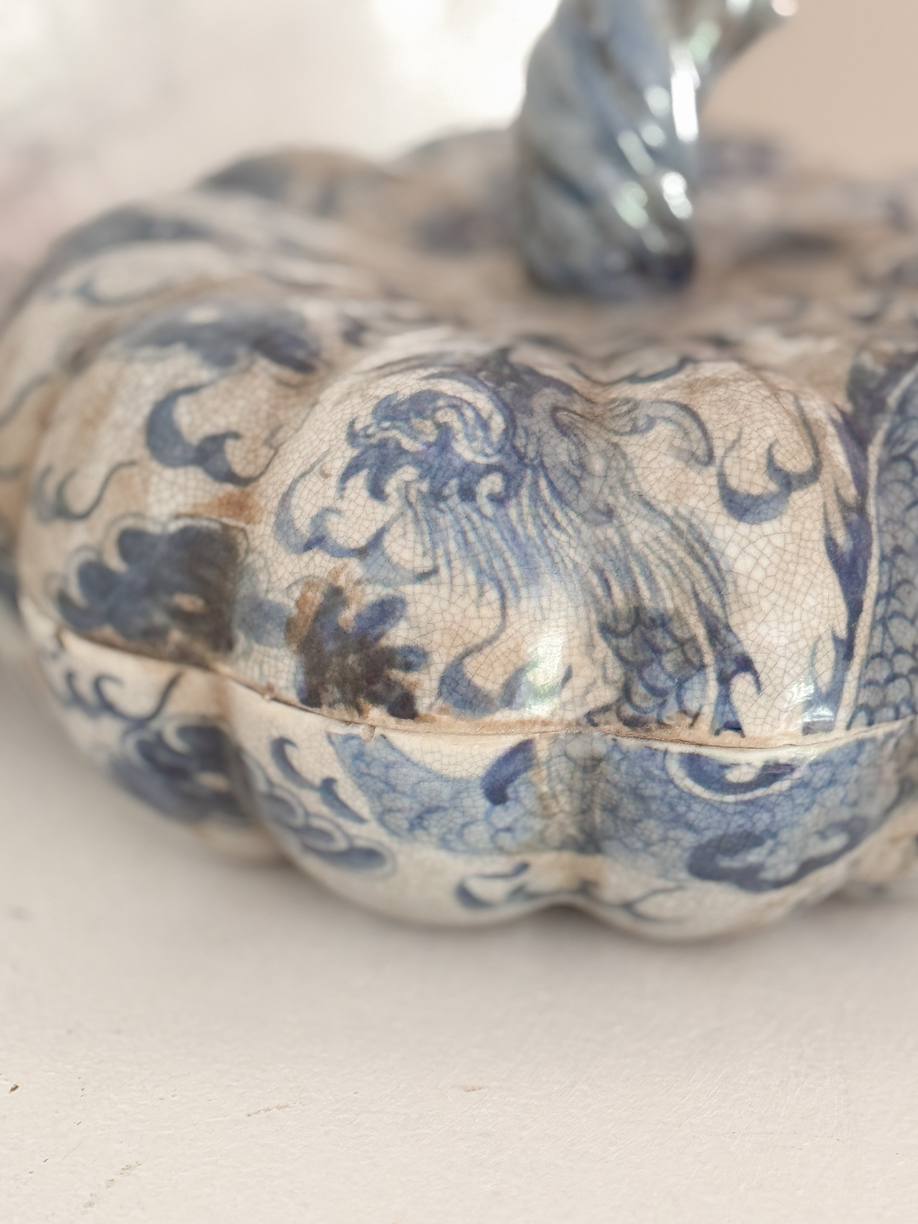Antique French Faïence Pumpkin Pot Couvert, Bleu de Chine,18th c.