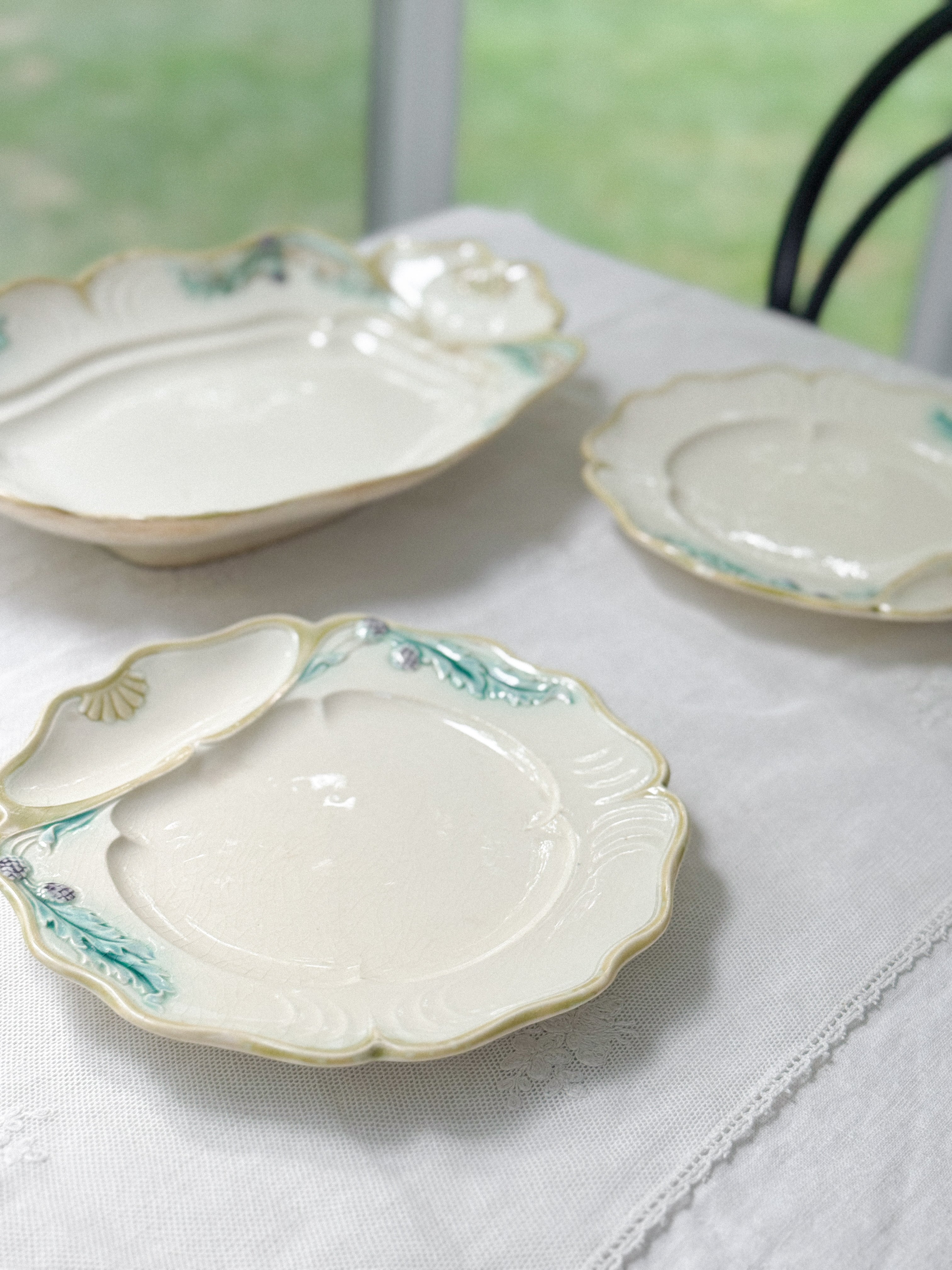 French Barbotine Asparagus Plate, Art Nouveau, Sold Individually