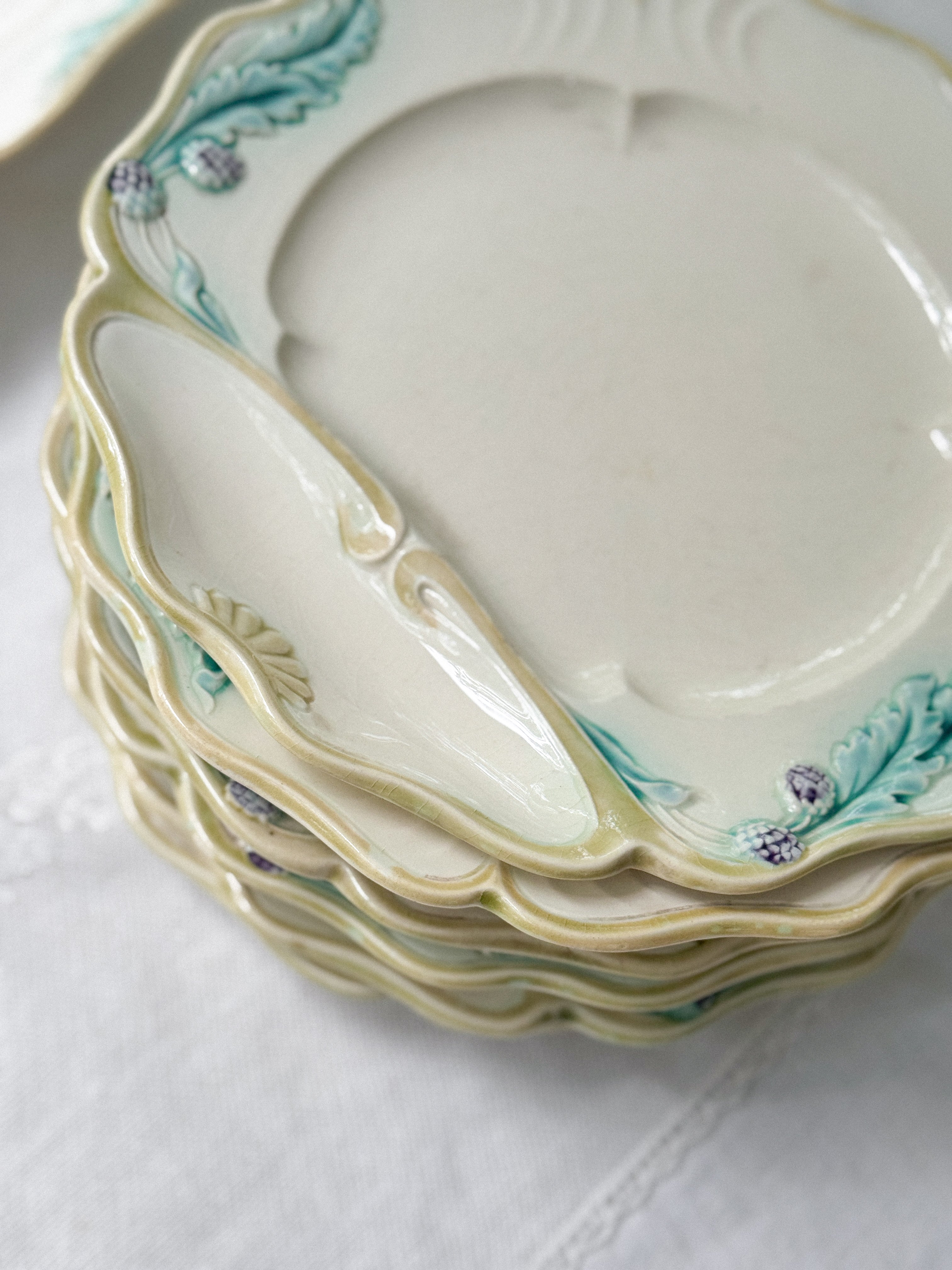 French Barbotine Asparagus Plate, Art Nouveau, Sold Individually