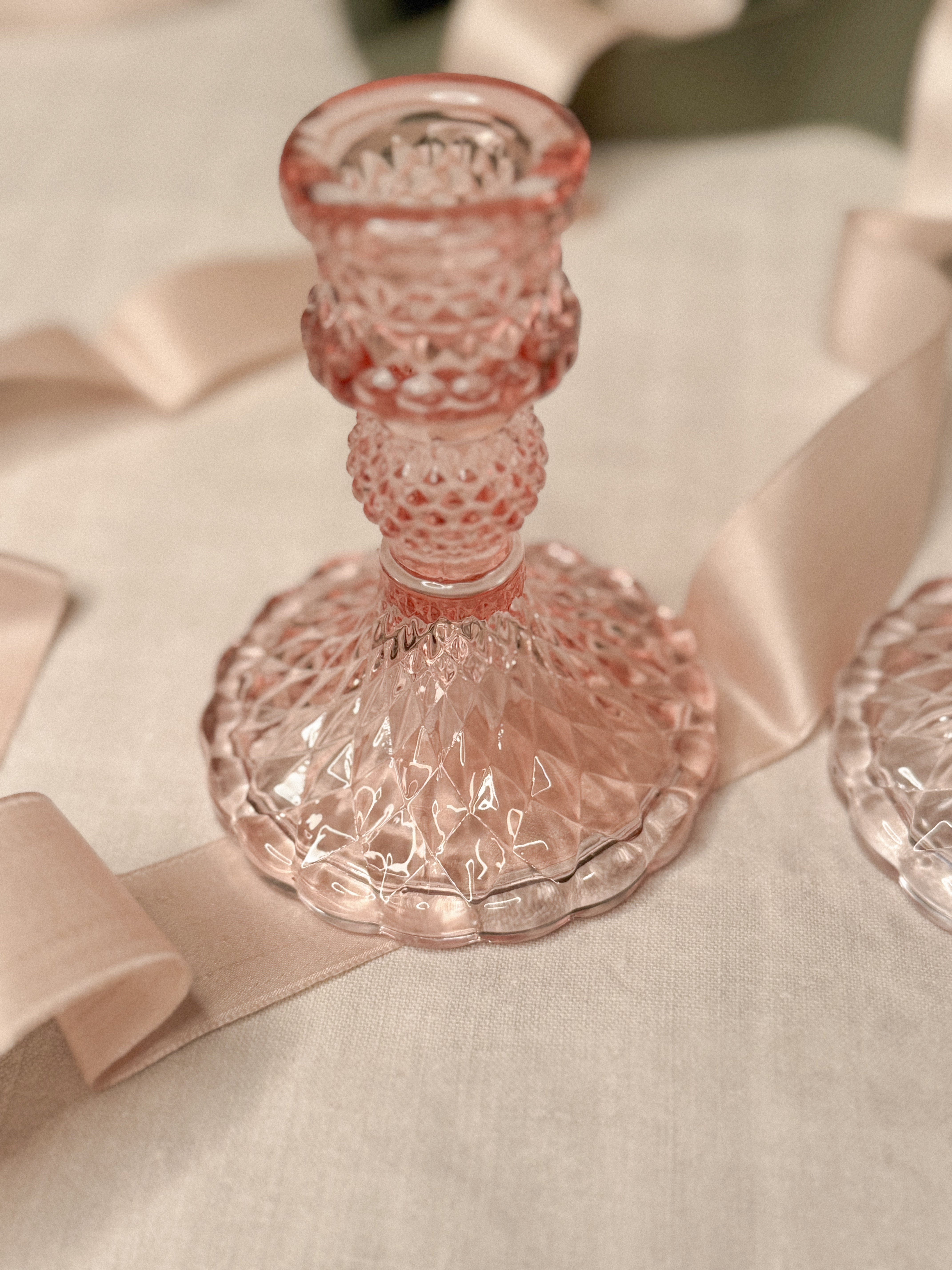 Pair of Vintage Pink Pressed-Glass Candlesticks