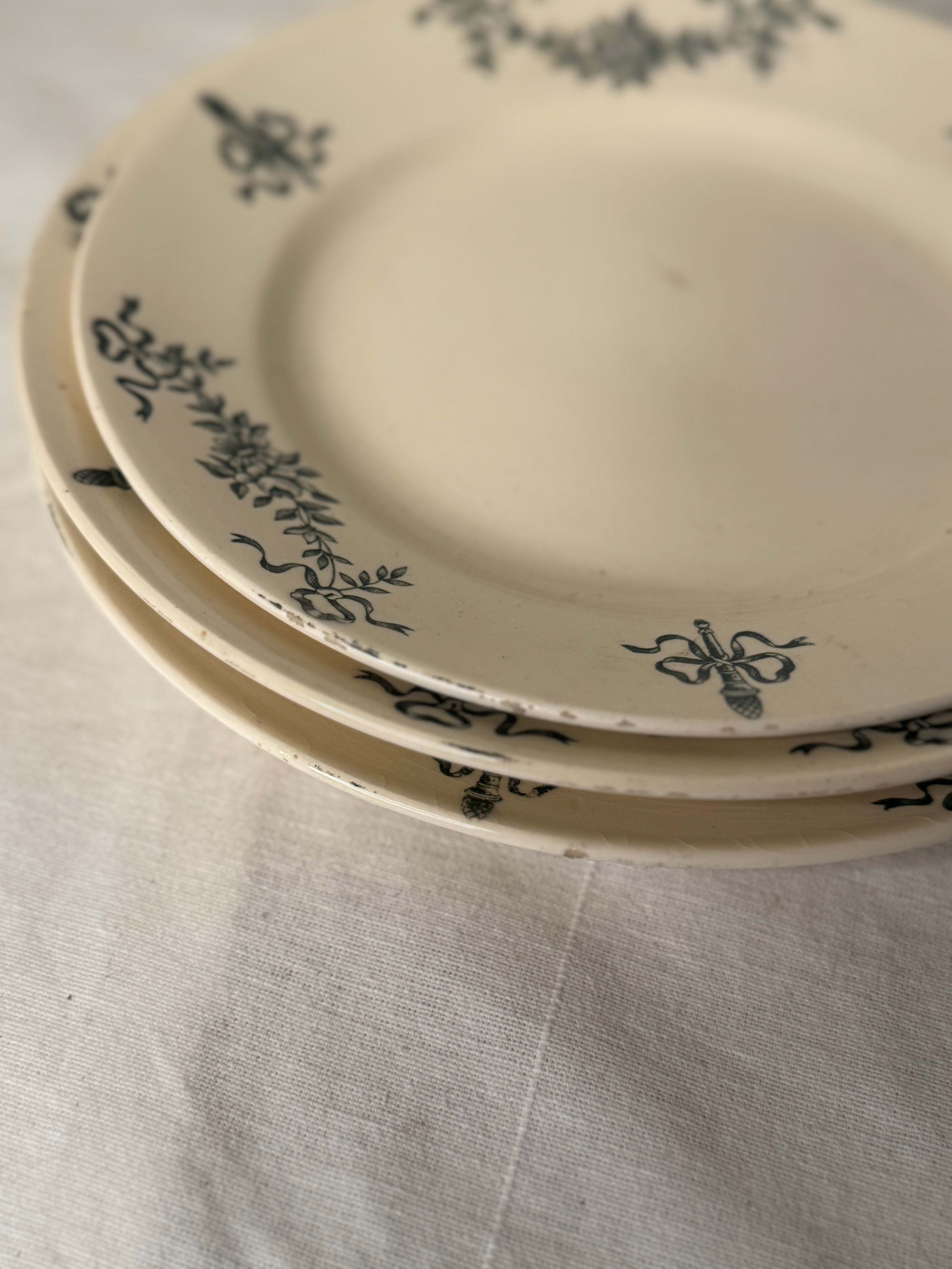 Trio Of Antique Green Transfer Ribbon Faience