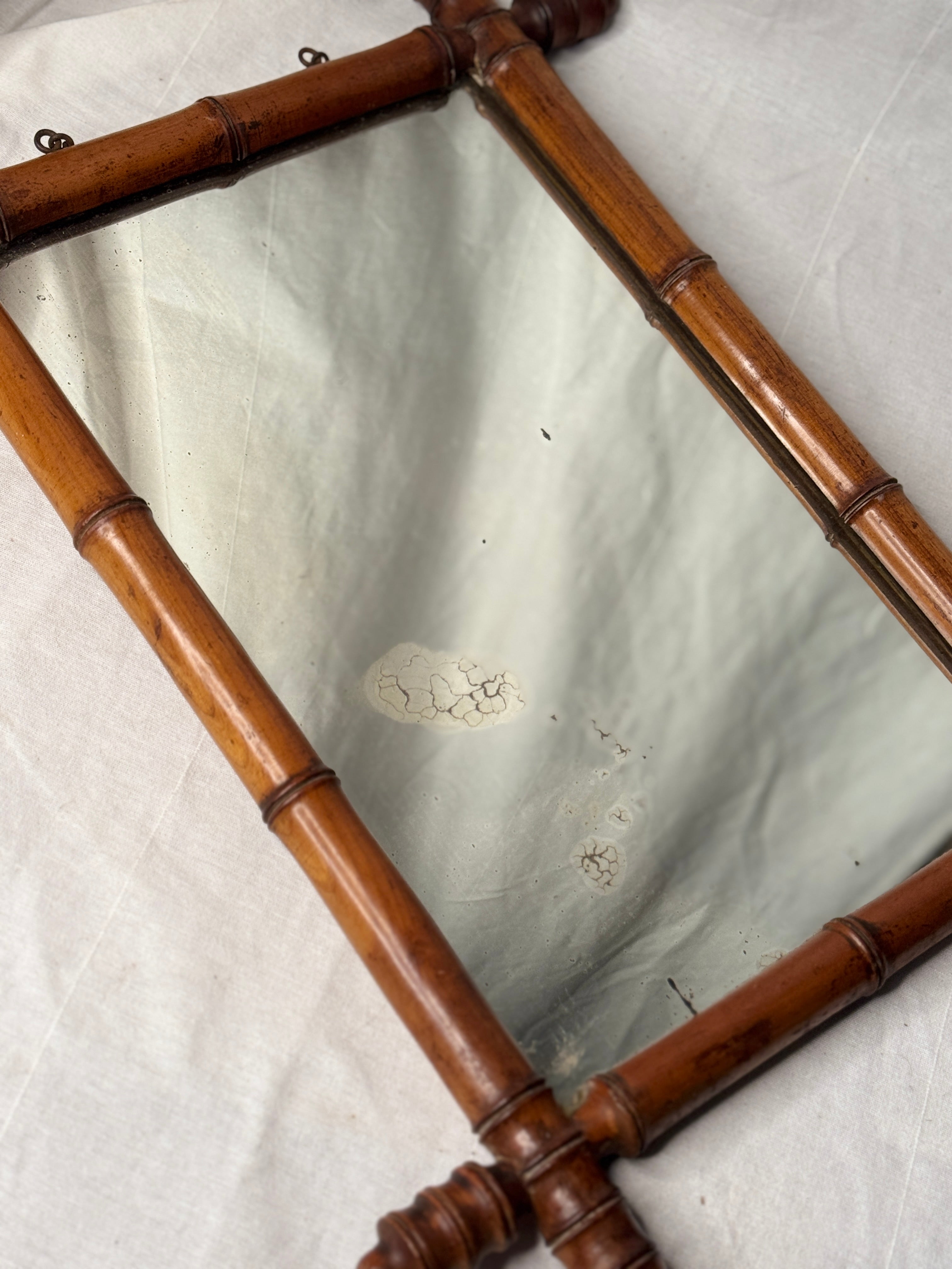 Antique French Faux-Bamboo Mirror with Original Chain, late 19th c.