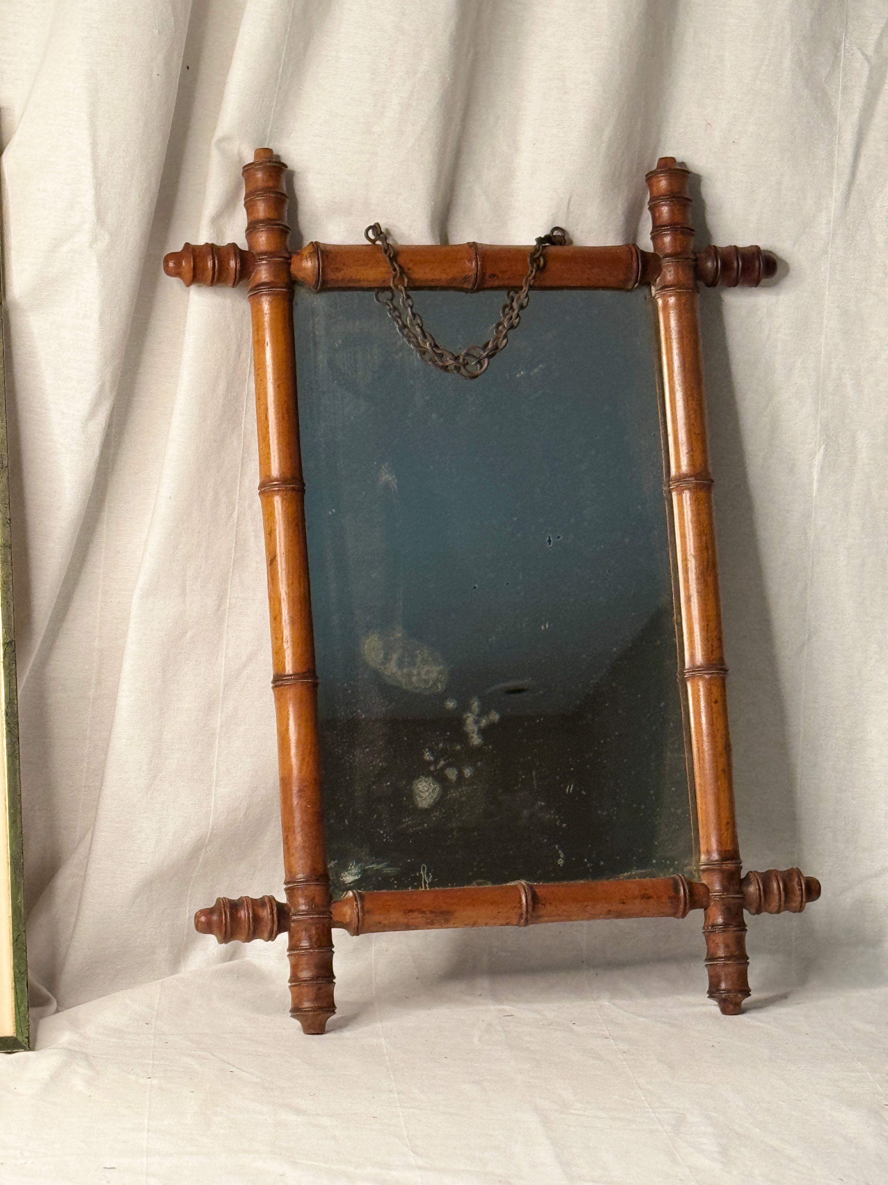 Antique French Faux-Bamboo Mirror with Original Chain, late 19th c.