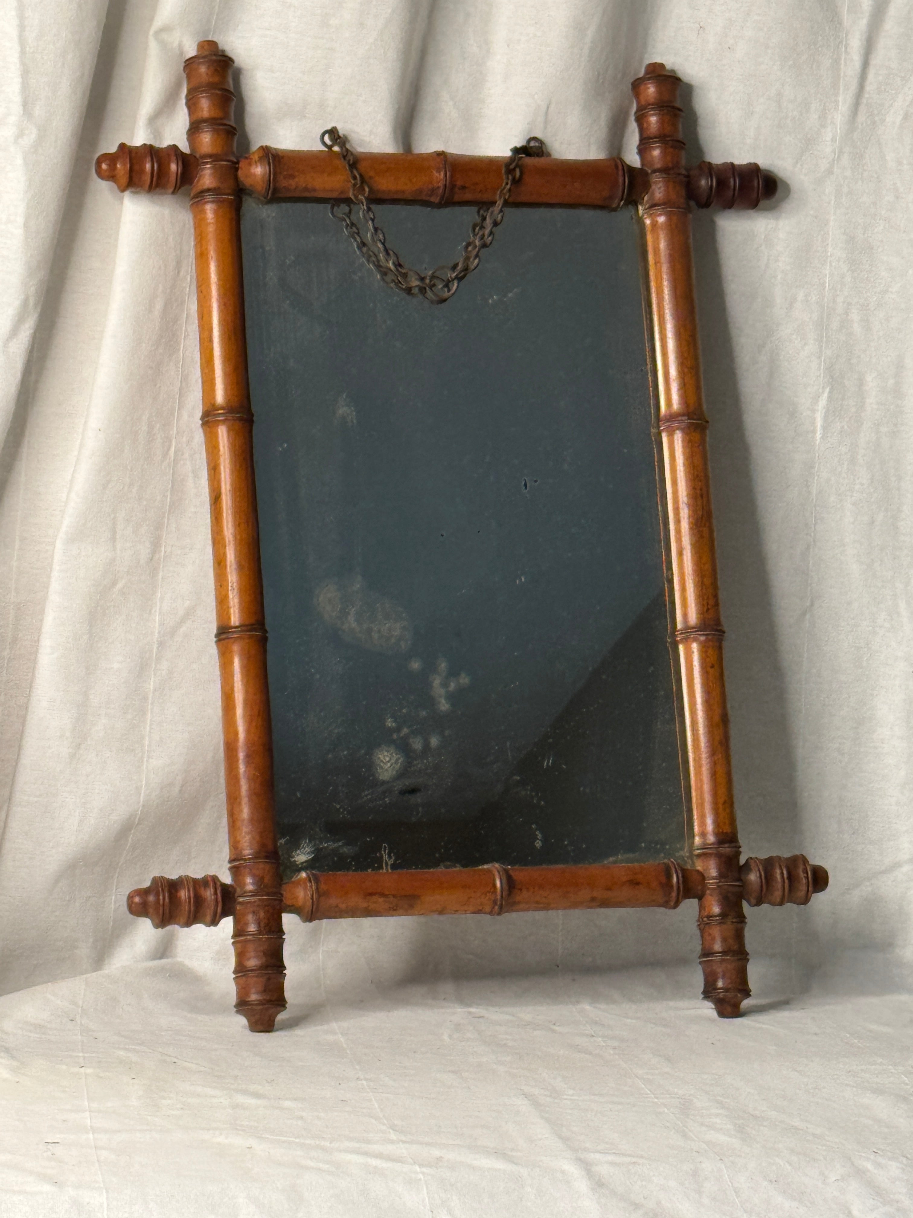 Antique French Faux-Bamboo Mirror with Original Chain, late 19th c.