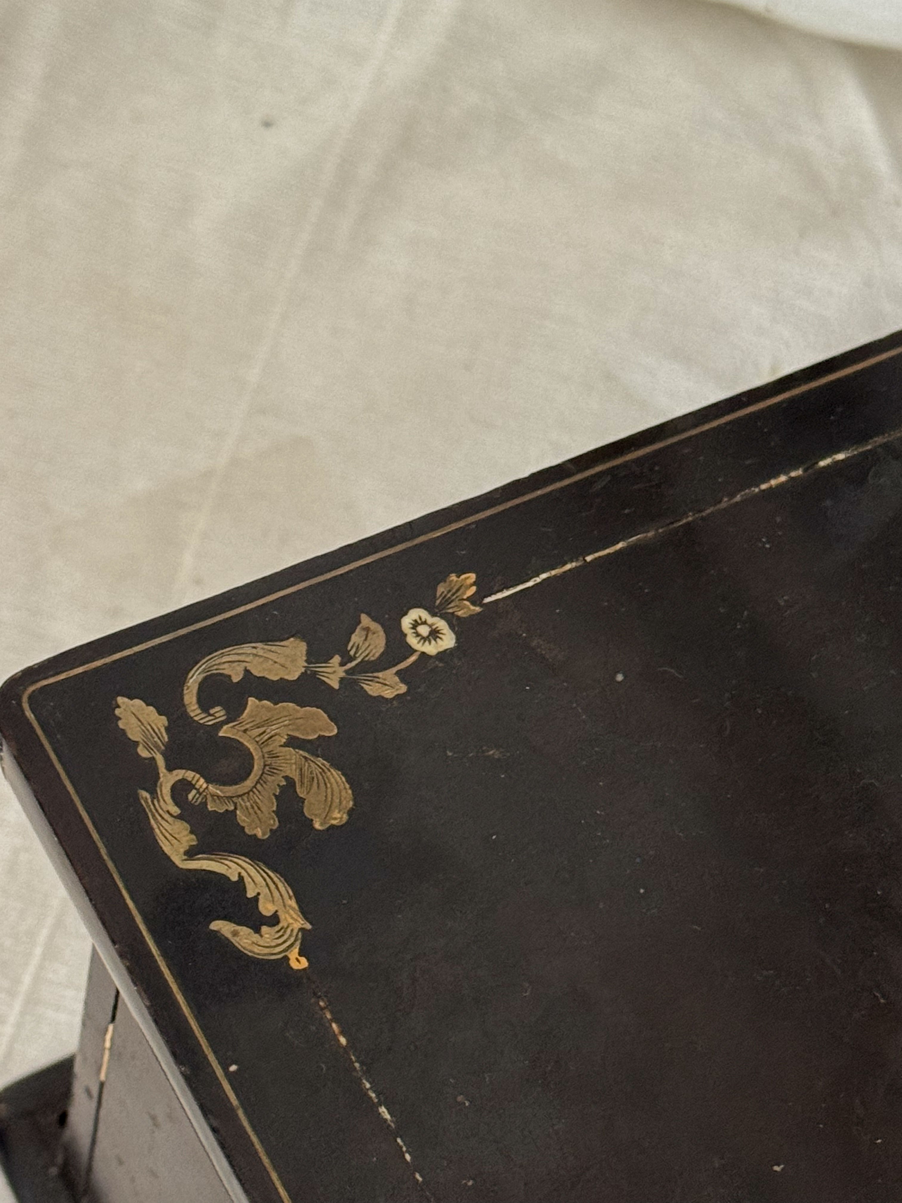 Antique French Brass Inlay Tea Caddy with Original Key