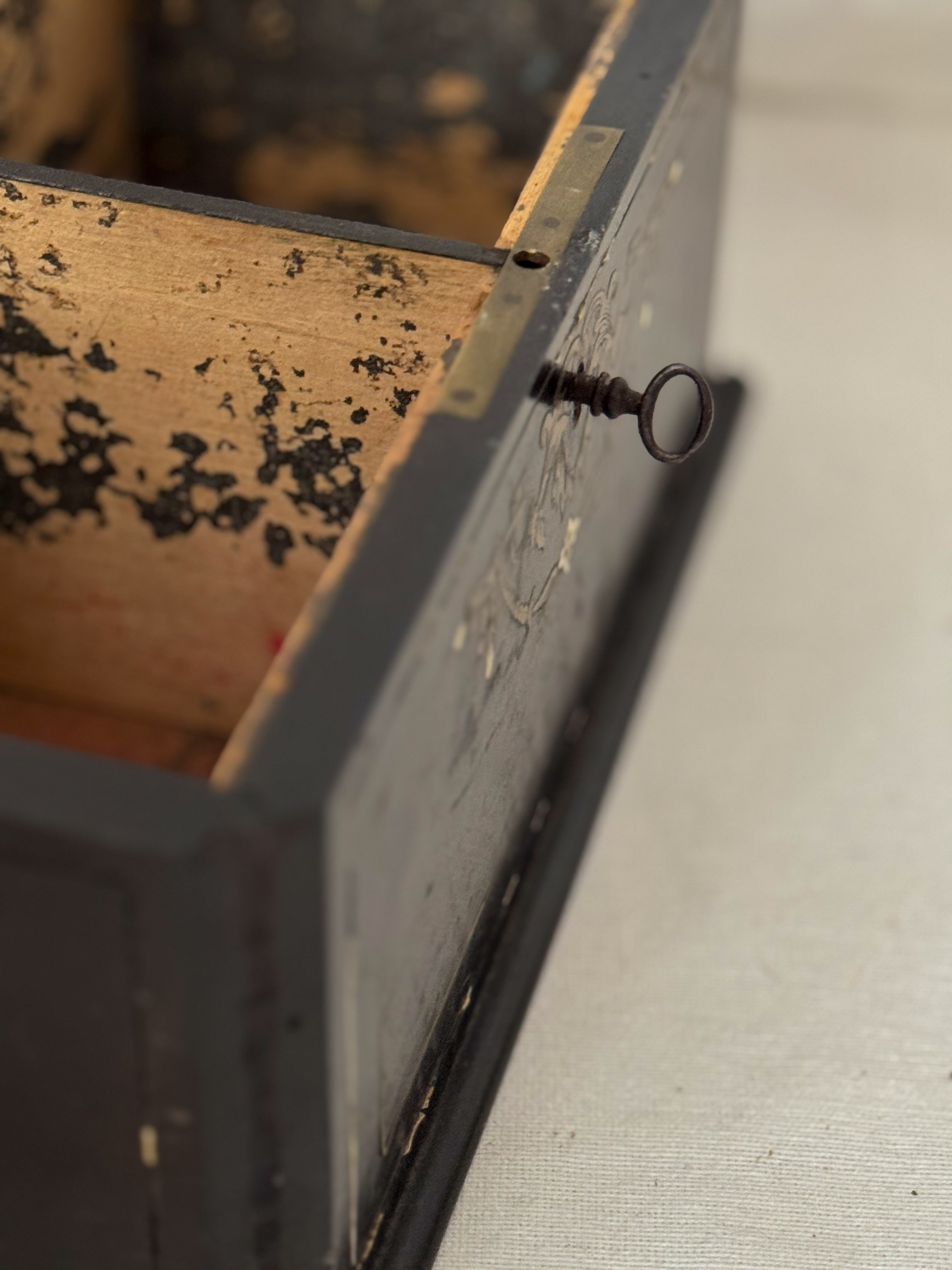 Antique French Brass Inlay Tea Caddy with Original Key