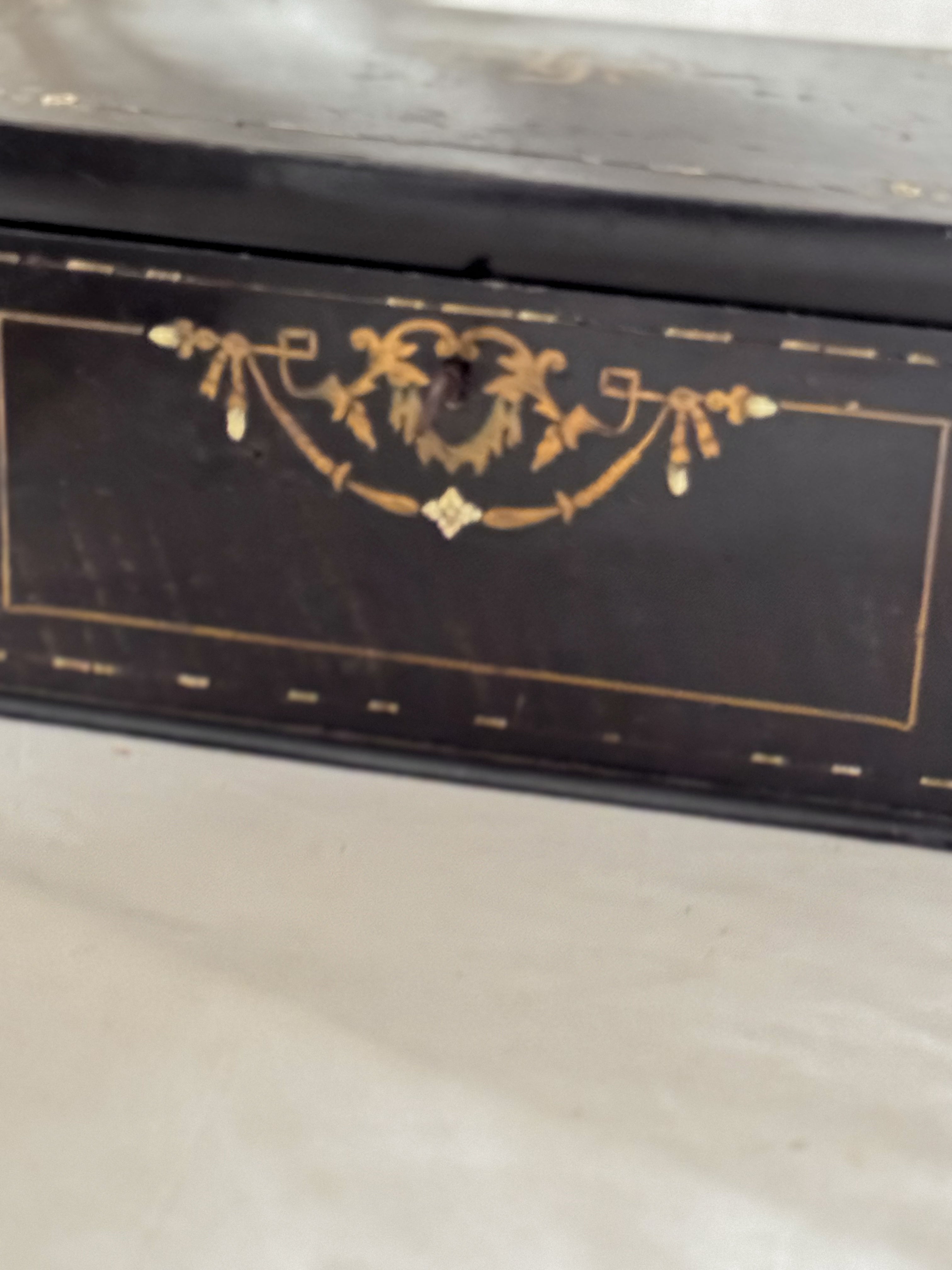 Antique French Brass Inlay Tea Caddy with Original Key