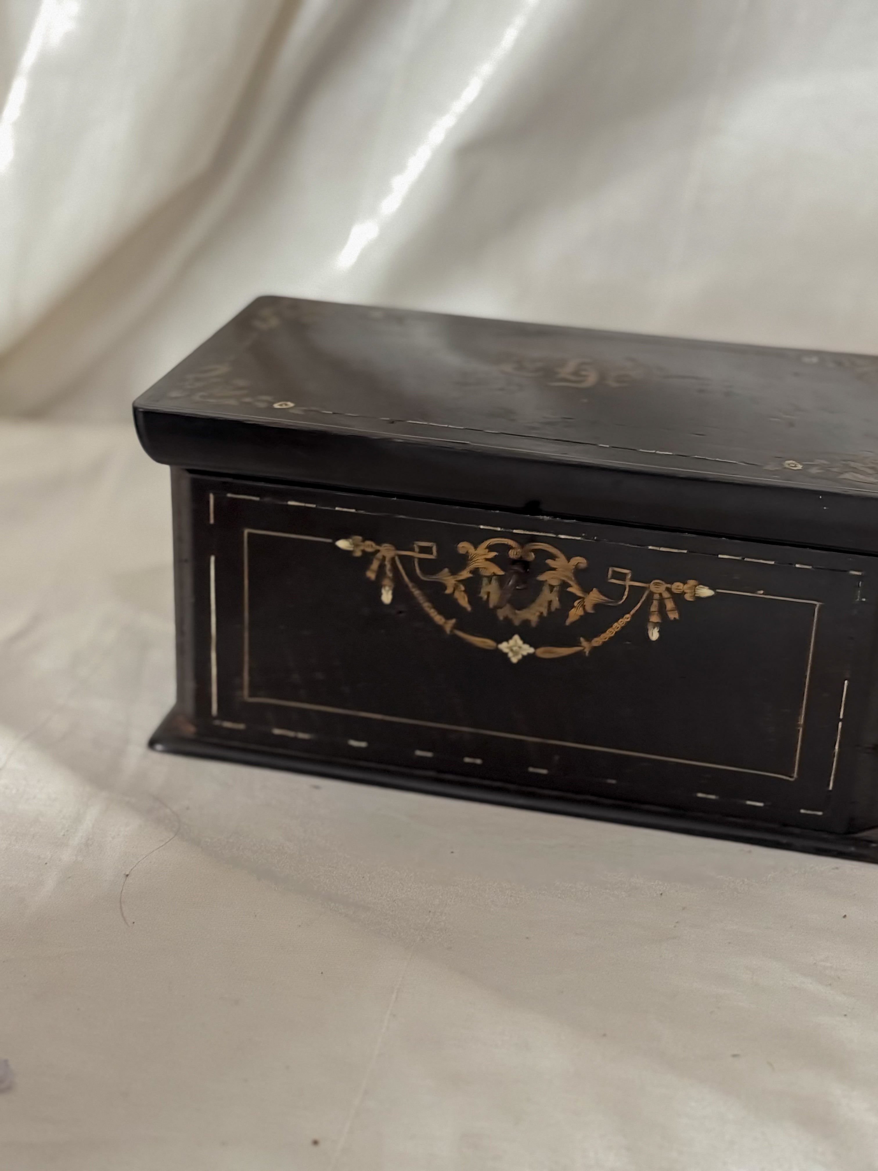 Antique French Brass Inlay Tea Caddy with Original Key