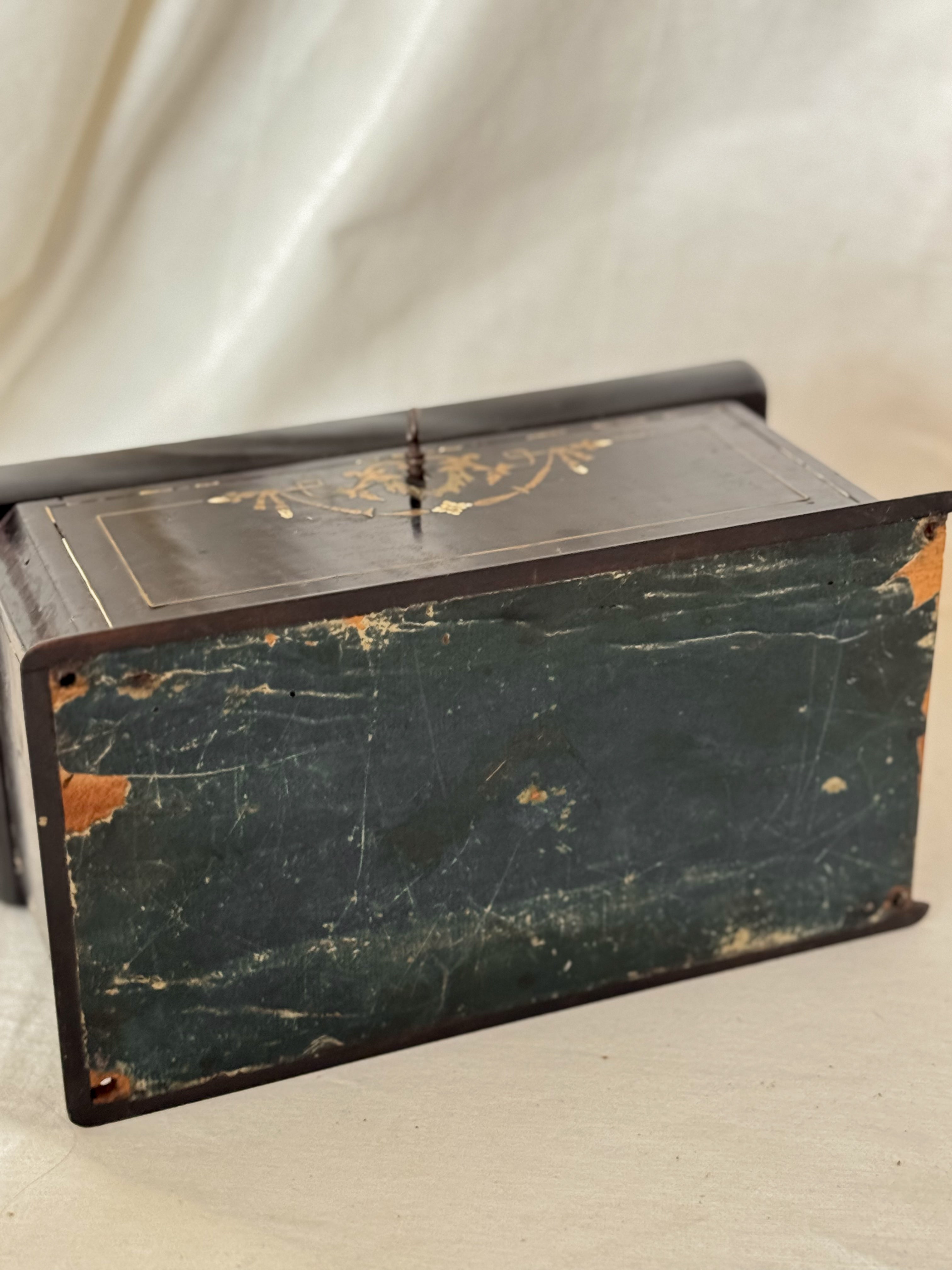 Antique French Brass Inlay Tea Caddy with Original Key