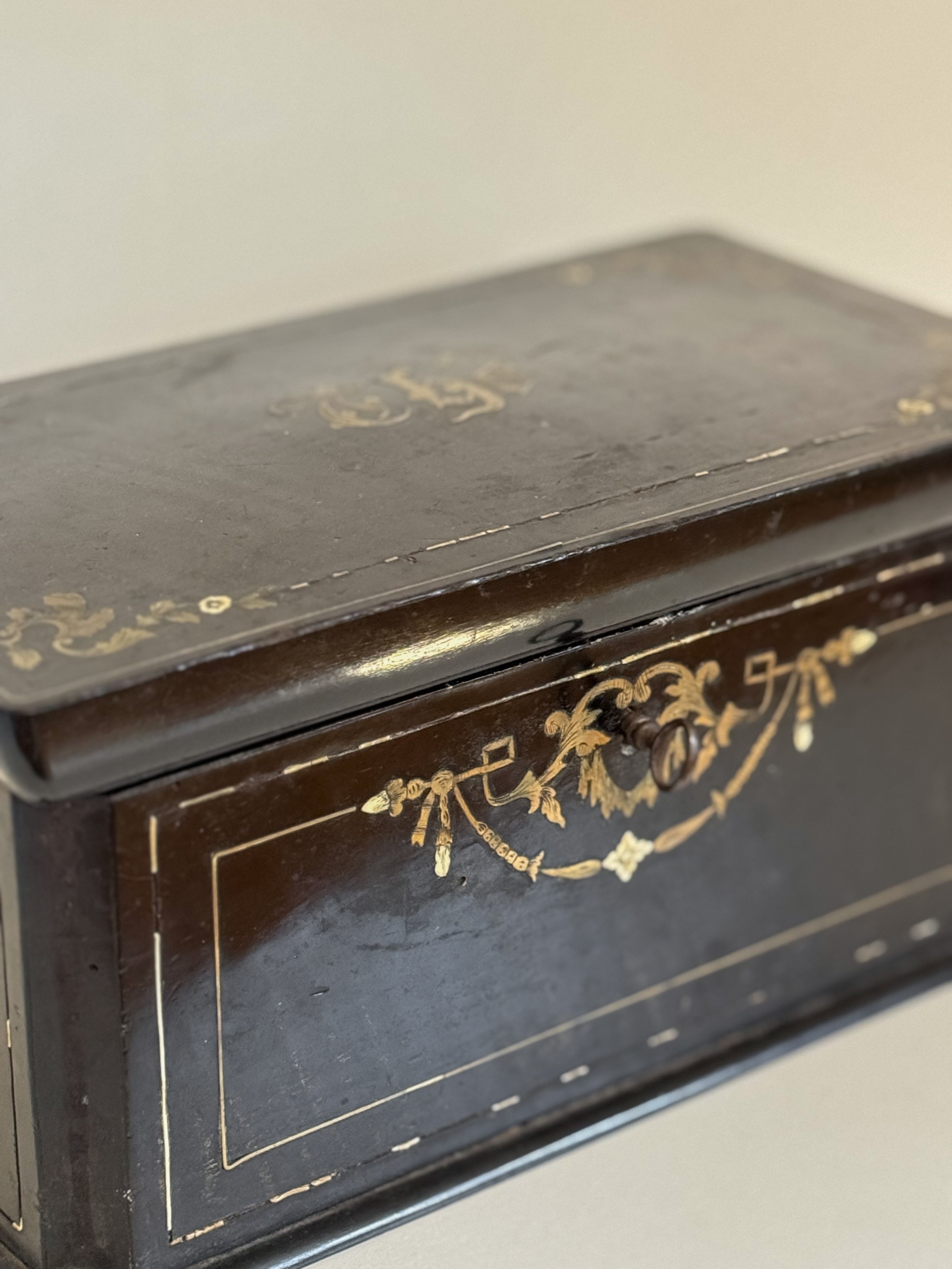 Antique French Brass Inlay Tea Caddy with Original Key