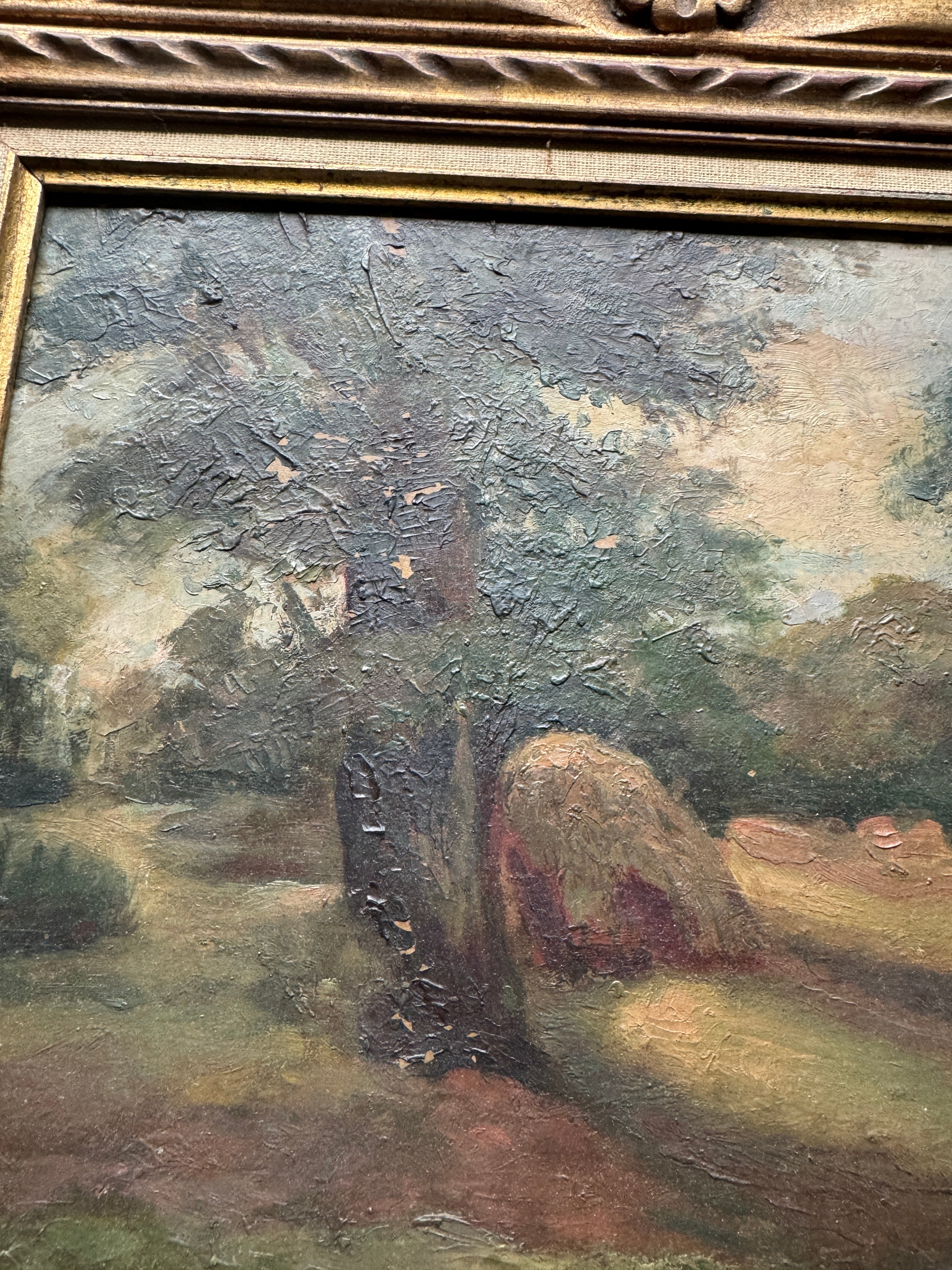 Antique Oil Landscape in the Barbizon Manner, Carved Giltwood Frame