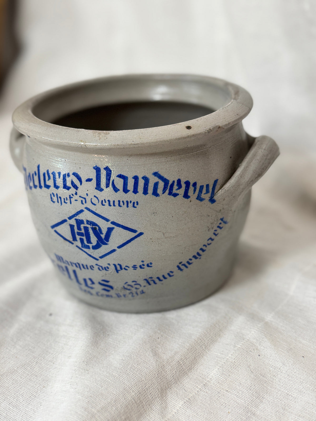 Antique Belgian Stoneware Crock, Brussels Stencil