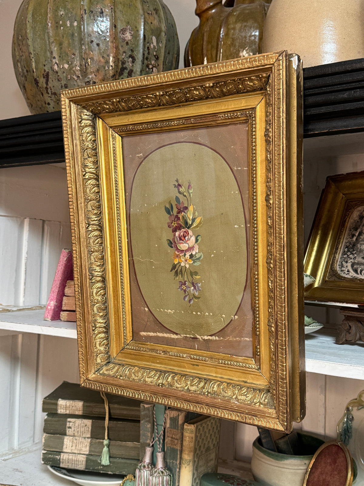 Antique French Painted Tapestry Cartoon, Roses in a Carved Giltwood Frame