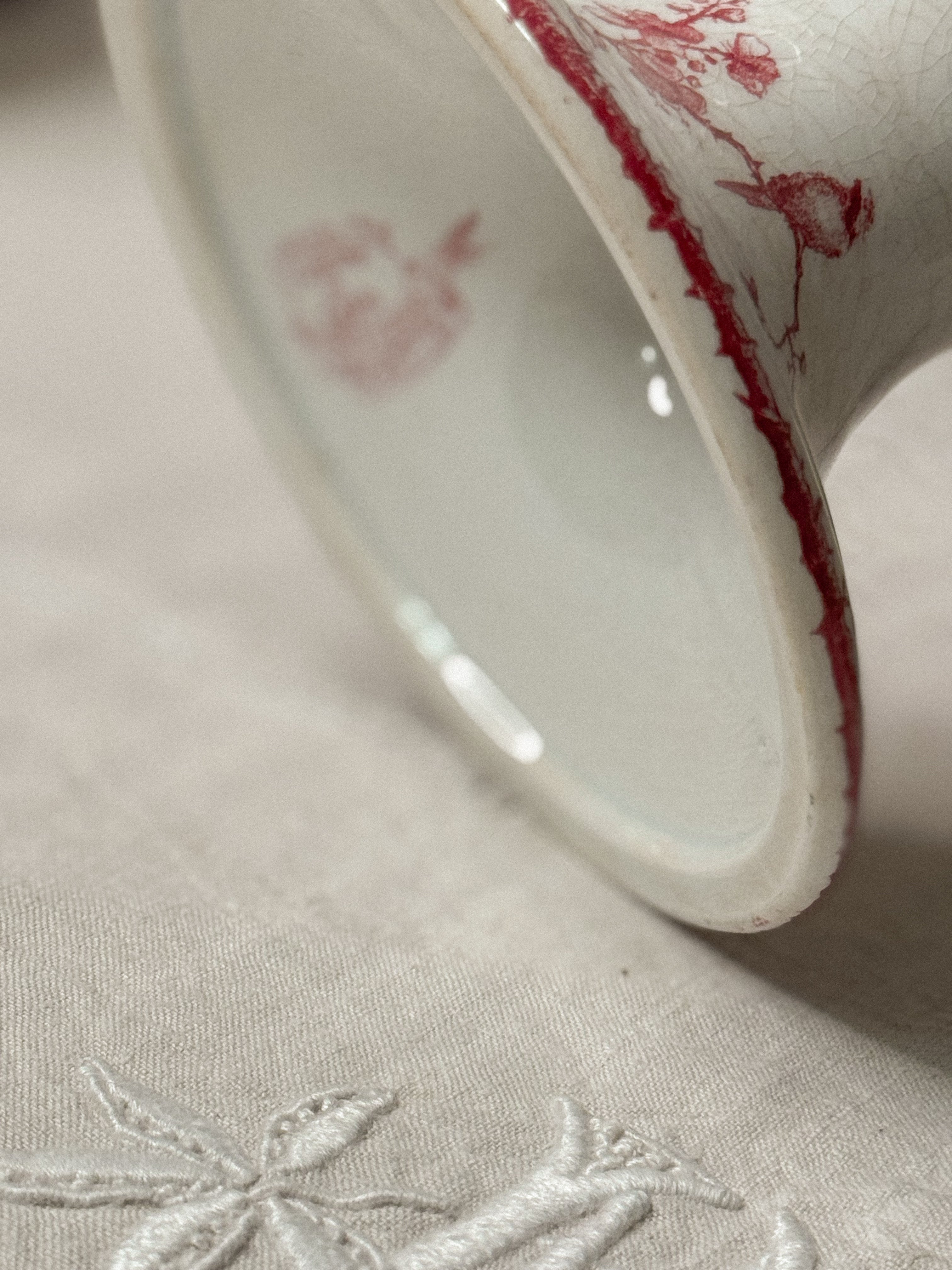 Antique French Red Transfer Bird & Floral Compotier