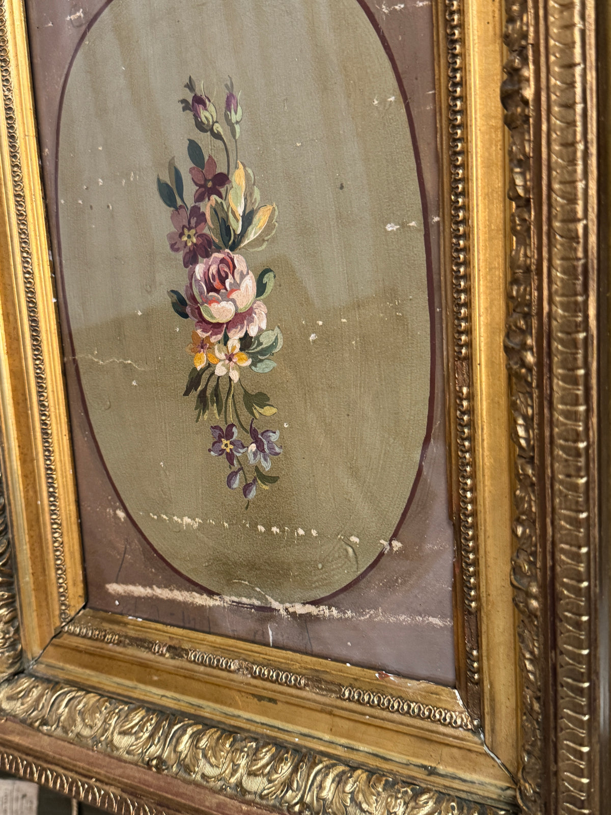Antique French Painted Tapestry Cartoon, Roses in a Carved Giltwood Frame