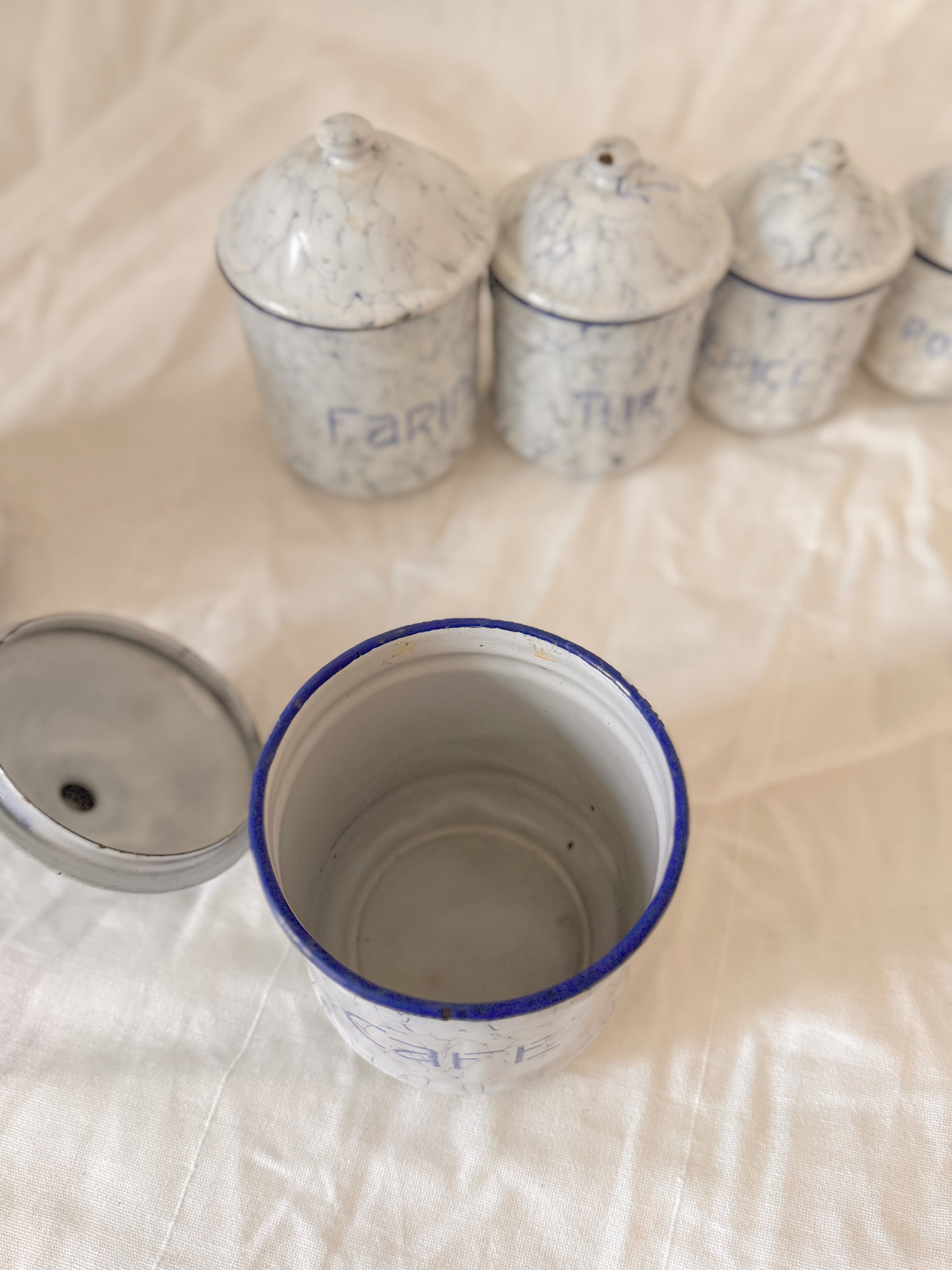 Set of French Blue & White Marbled Enamel Canisters