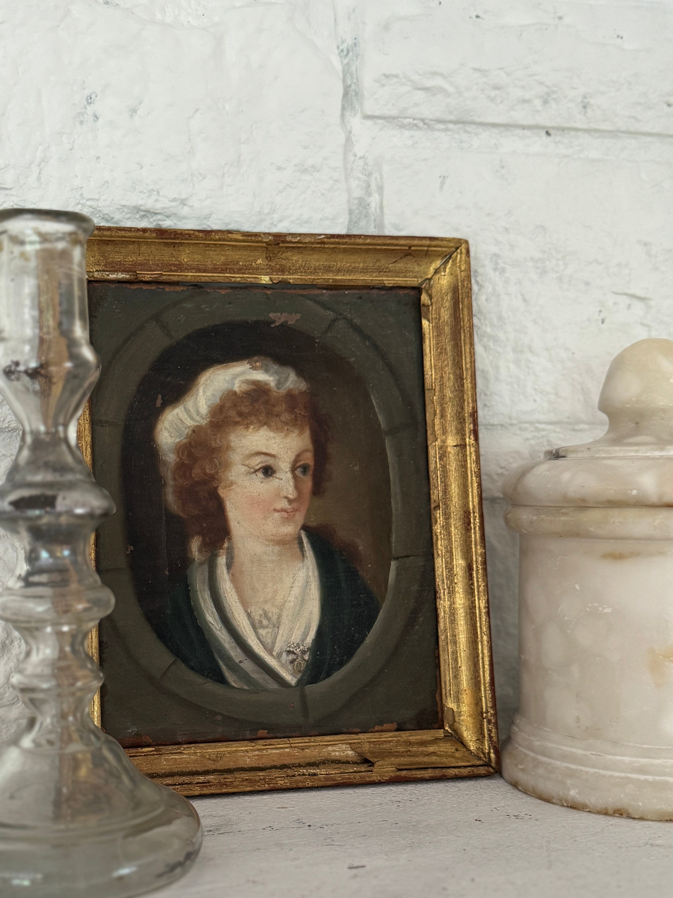 Antique French Portrait of a Young Woman in Bonnet, oil, late 18th / early 19th c.