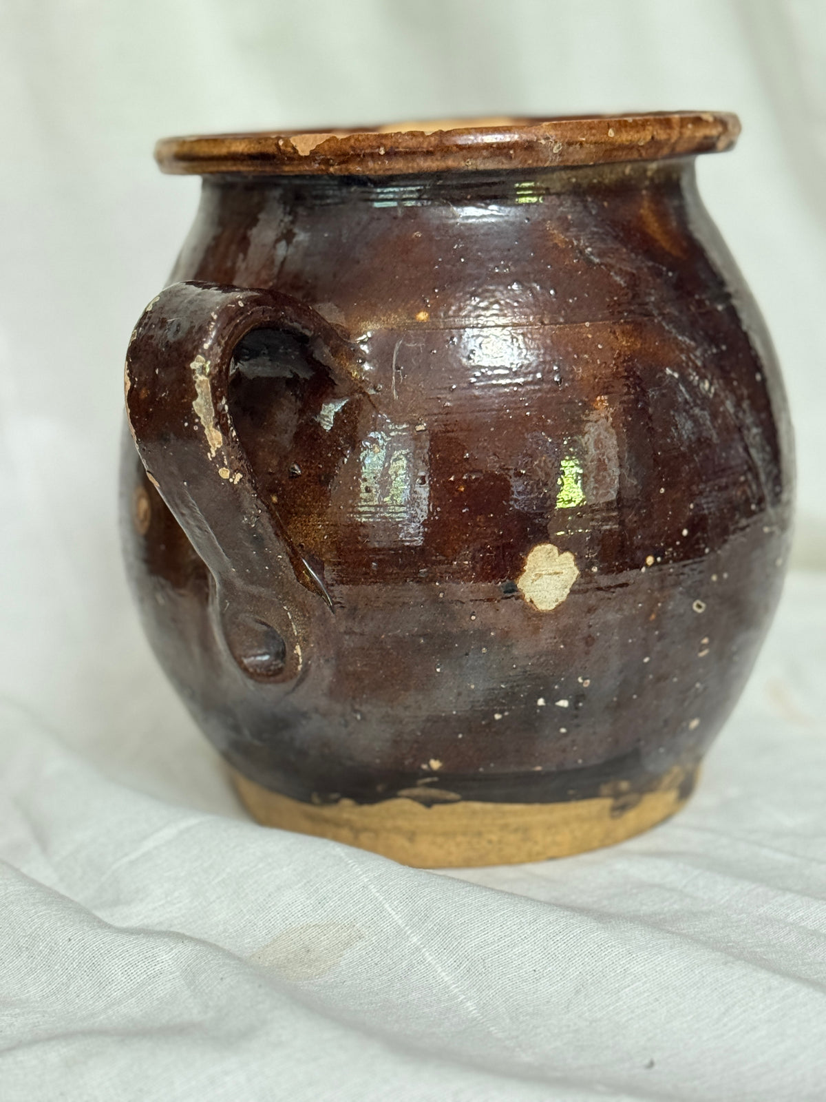 Antique French Dark Brown Glazed Earthenware Confit Pot with Strap Handle, 19th Century