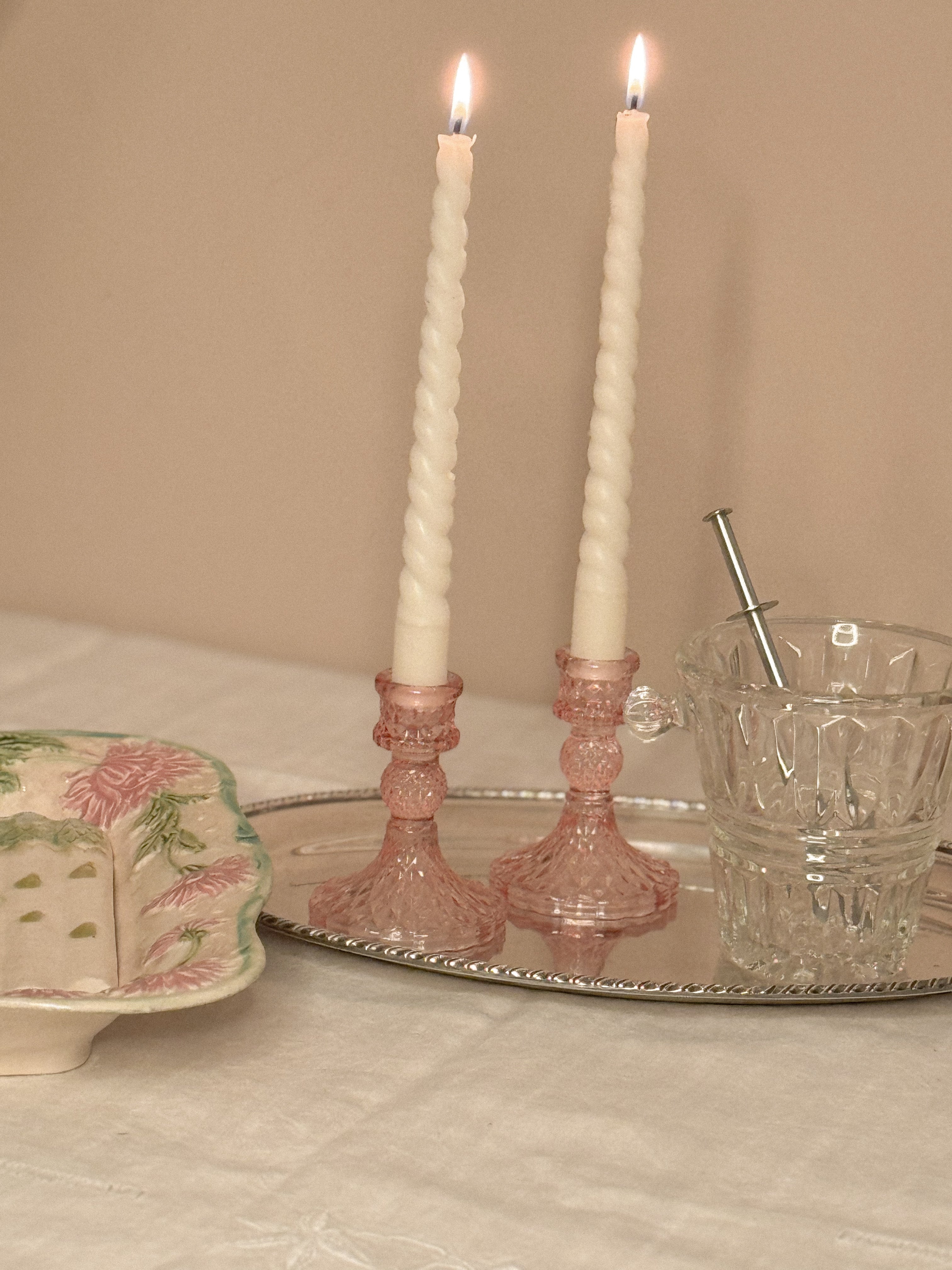 Pair of Vintage Pink Pressed-Glass Candlesticks