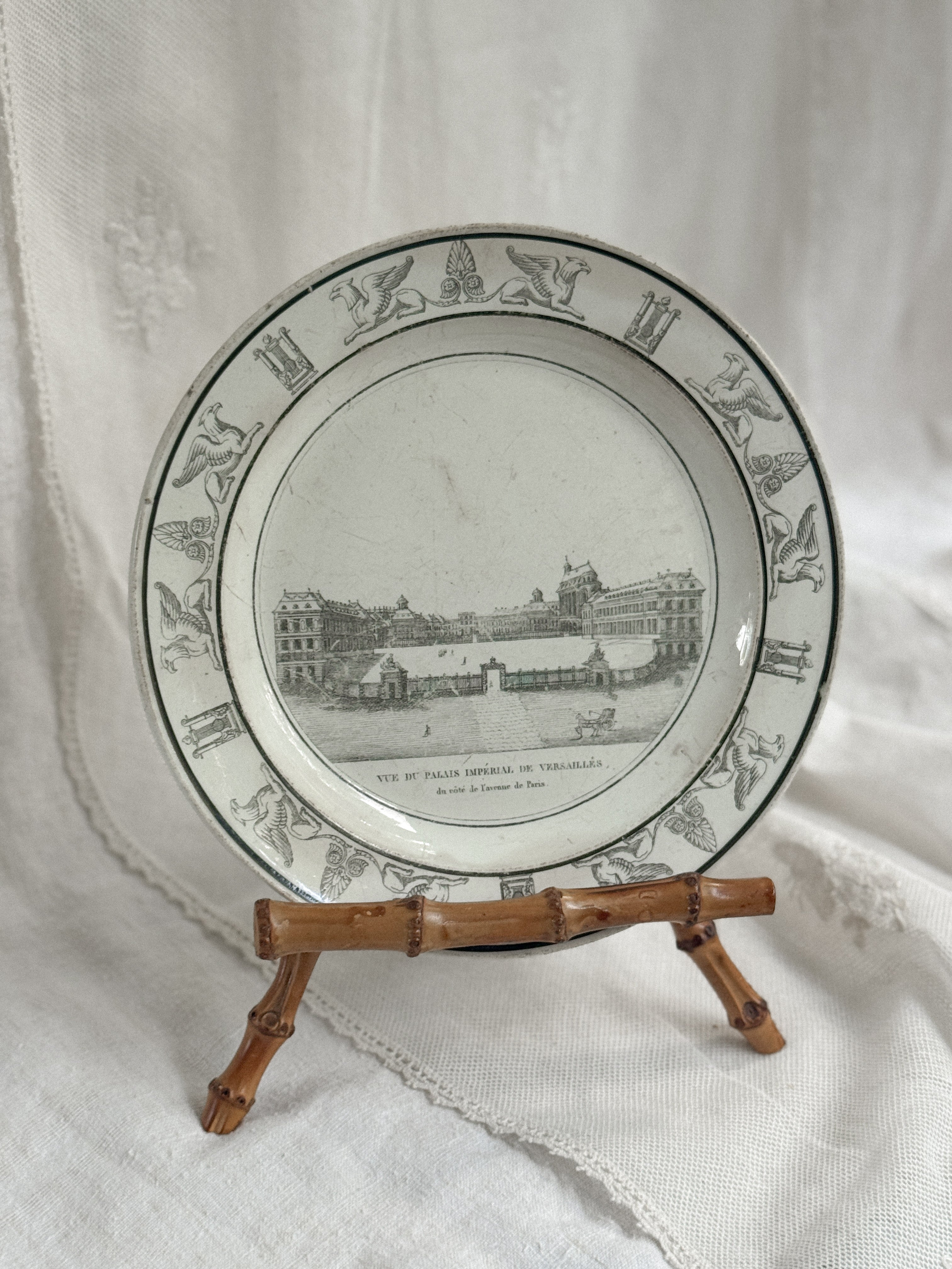 Antique French Faience Plate, Vue du Palais Impérial de Versailles, Manufacture de Creil