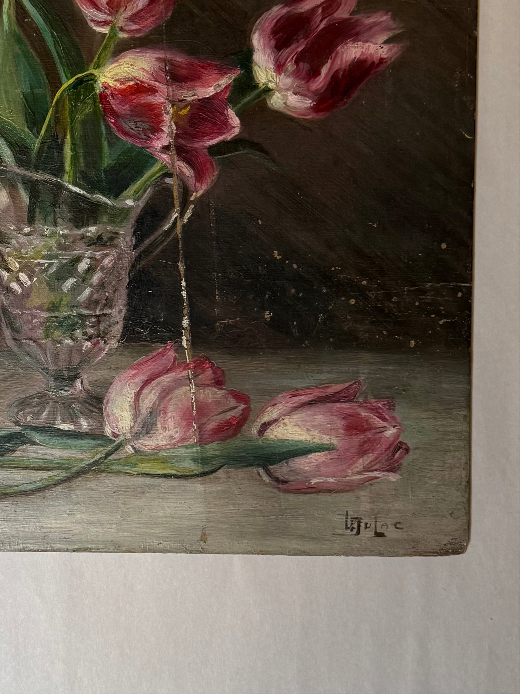 French Tulip Still Life Painting, signed