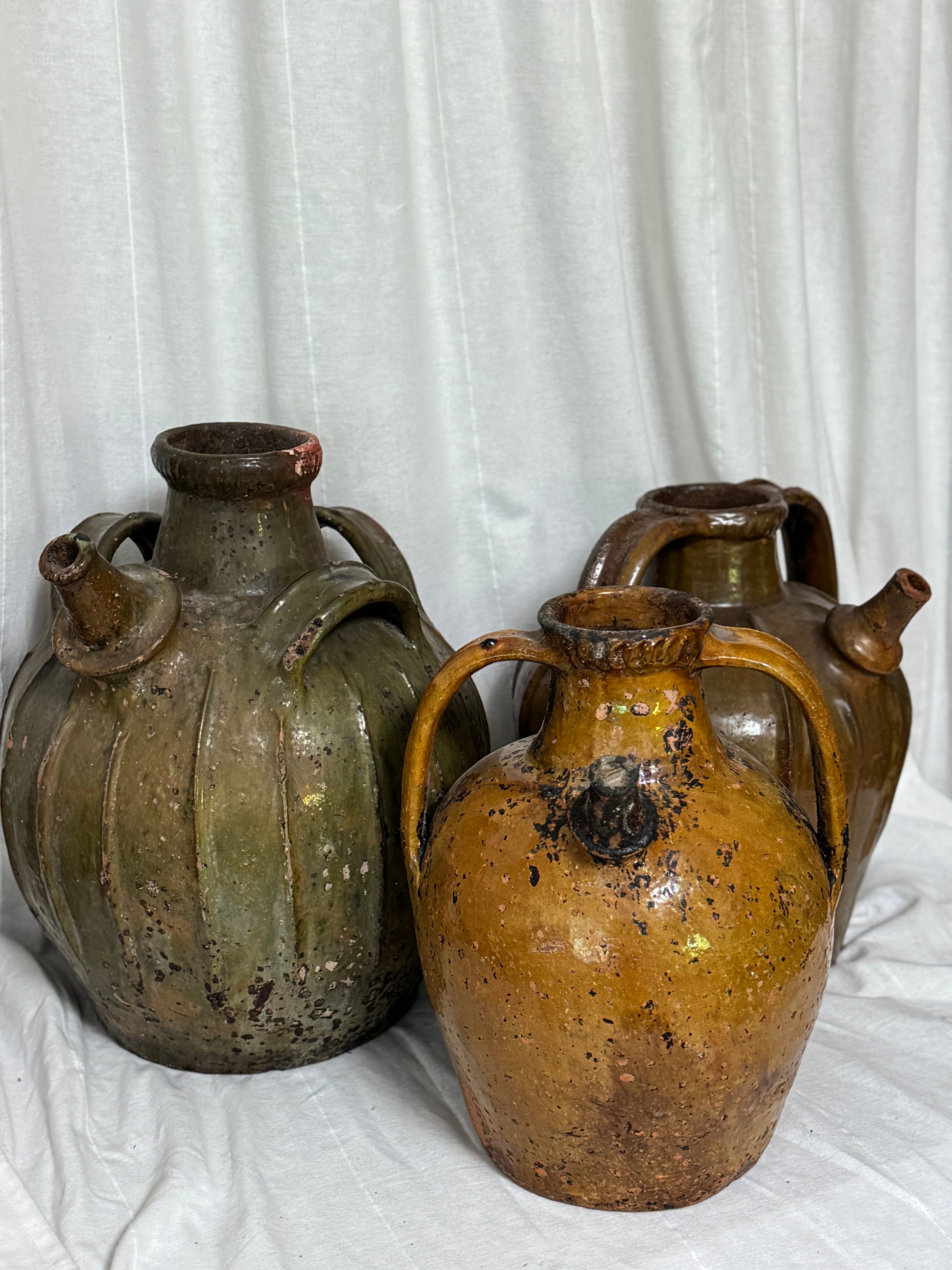 Antique French Walnut Oil Jug, Mélard à Bec, Green Glaze