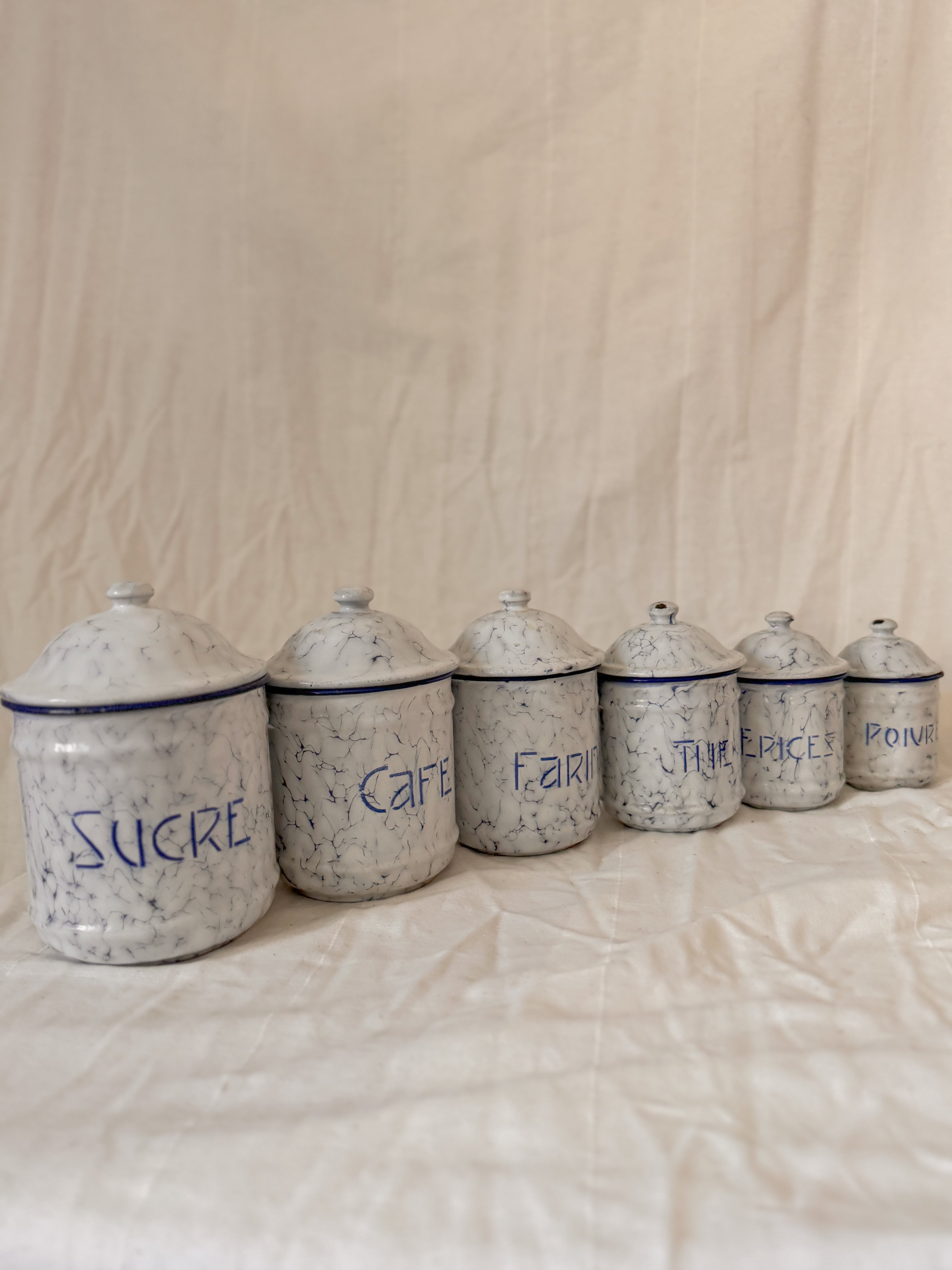 Set of French Blue & White Marbled Enamel Canisters