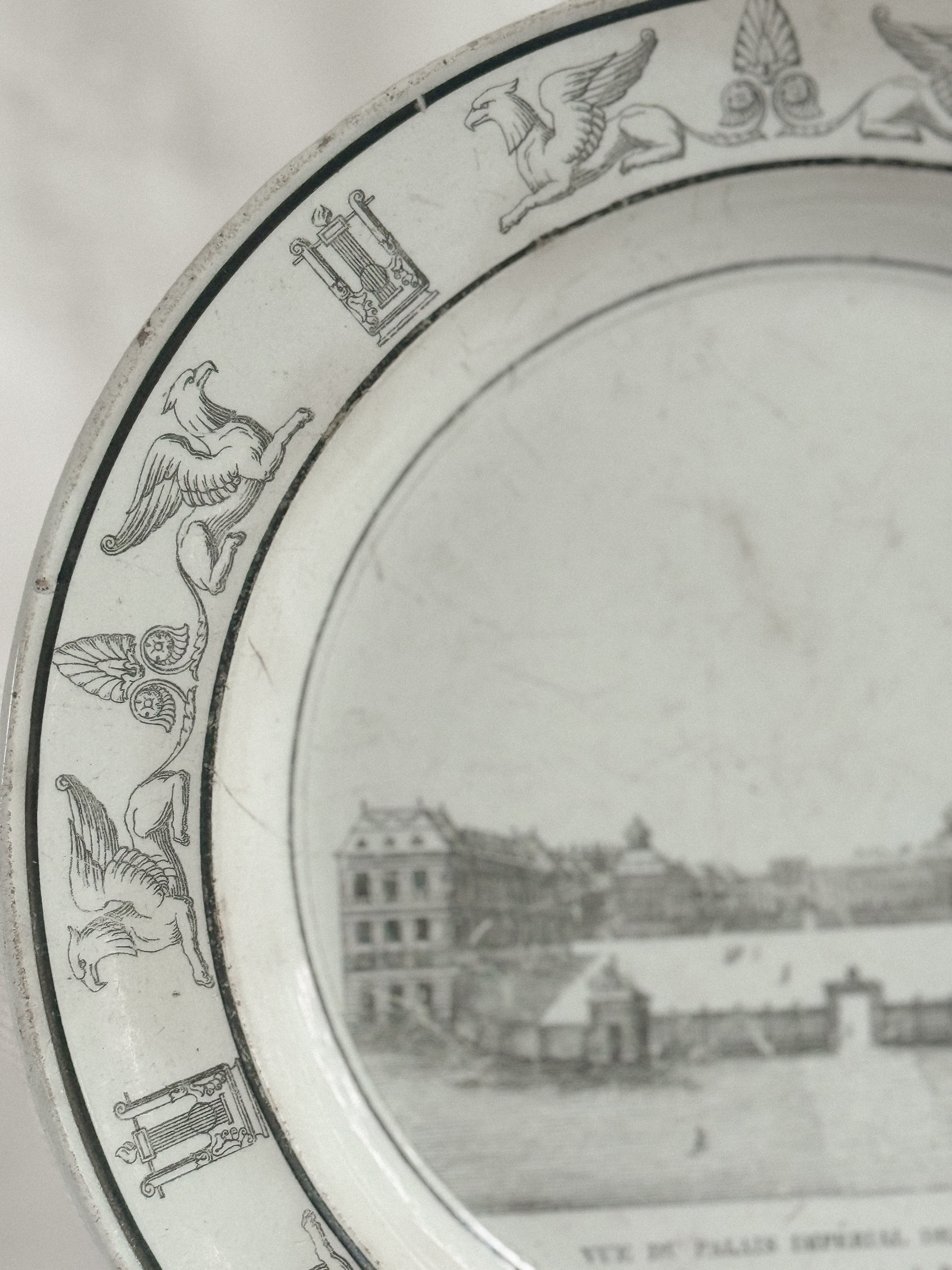 Antique French Faience Plate, Vue du Palais Impérial de Versailles, Manufacture de Creil
