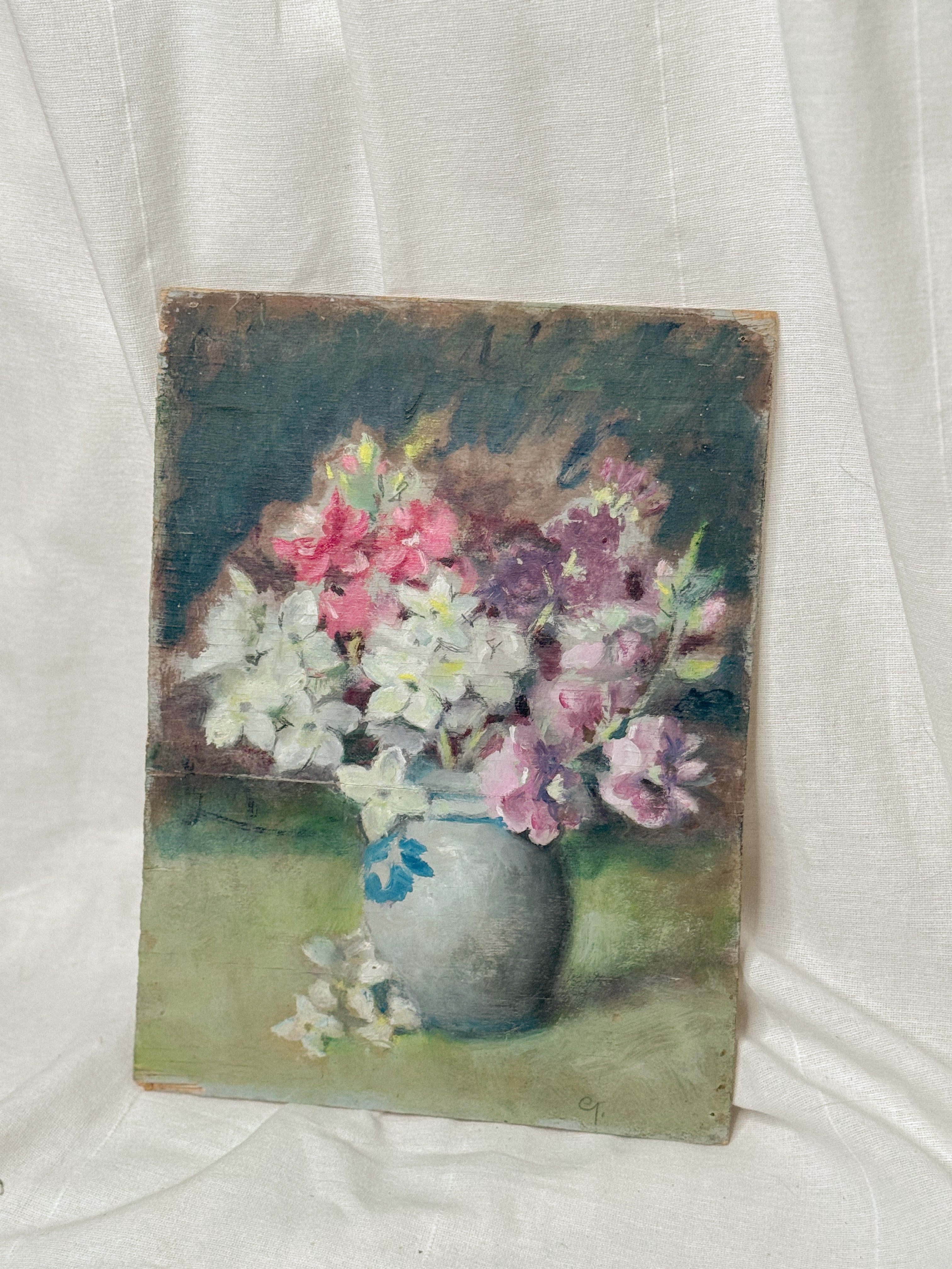 Antique French Oil on Panel, Floral Still Life | Monogrammed, Late 19th–Early 20th Century