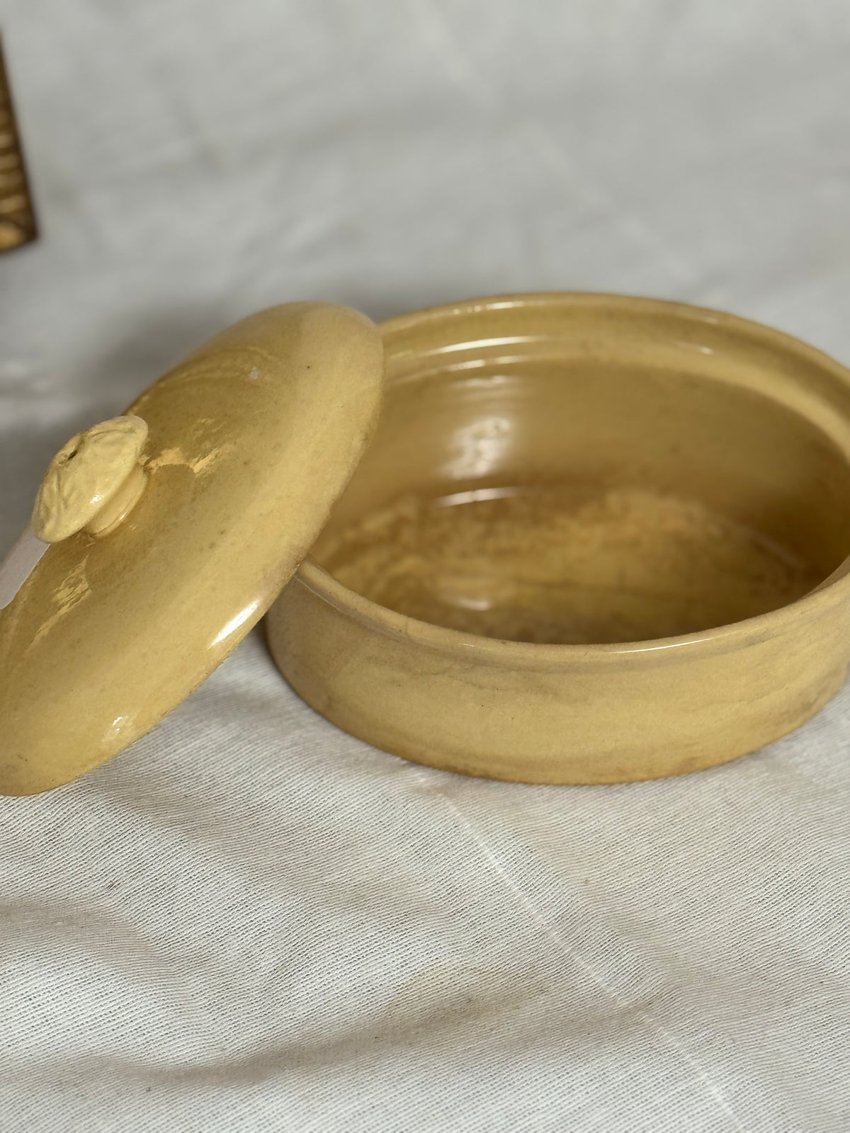 Antique French Sarreguemines Yellow Glazed Oval Terrine with Lid, Terre à Feu, Late 19th or Early 20th Century