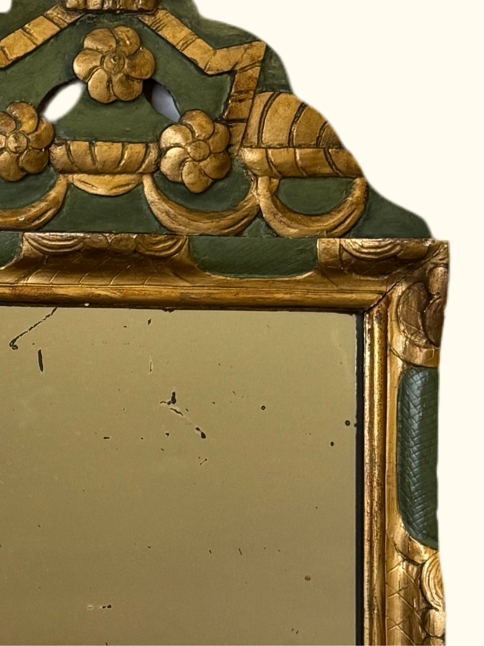 Antique Carved Green & Gilt Mirror with Bow Crest