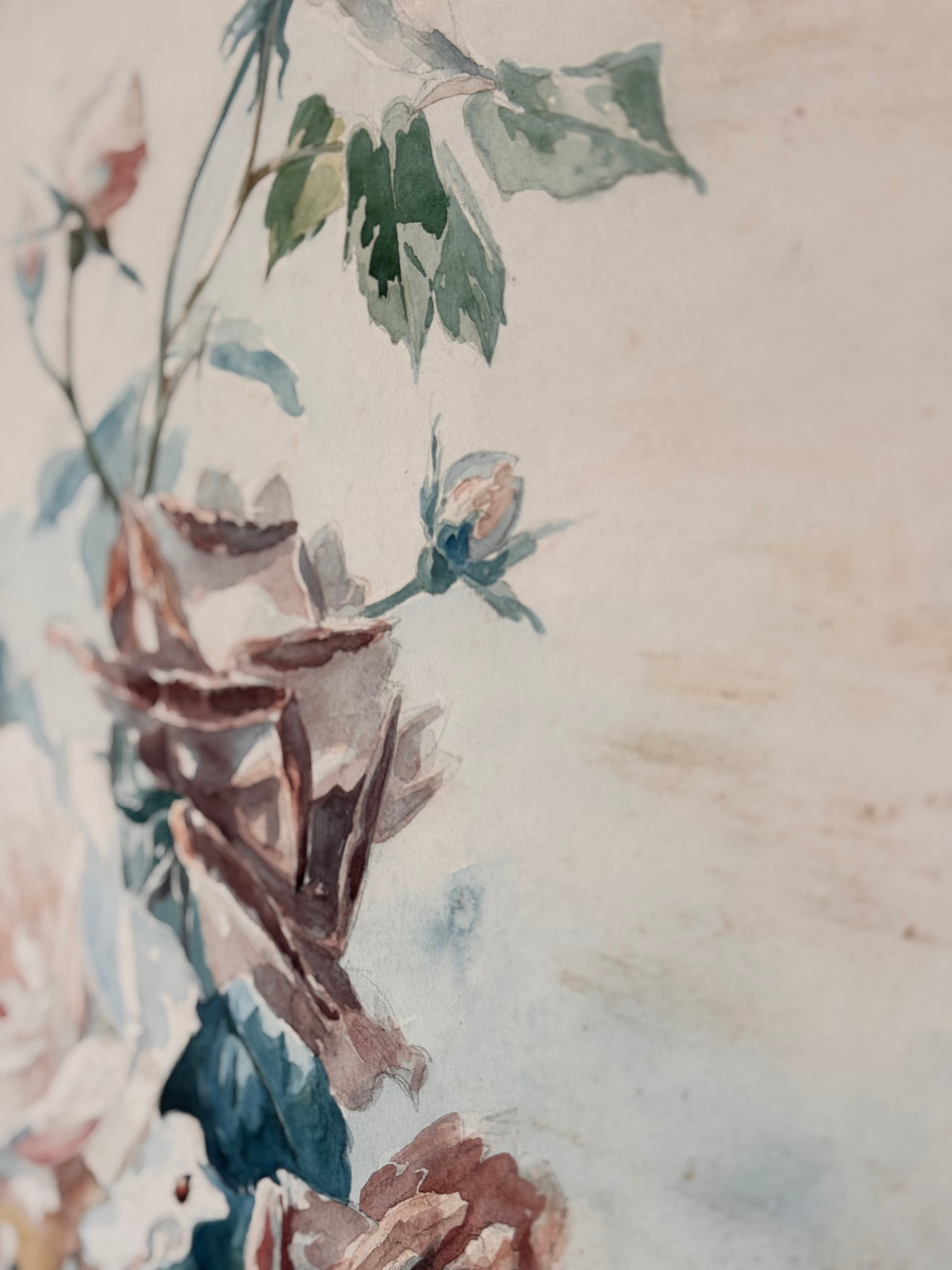 Aquarelle de Roses – Antique and Signed (c. 1890–1920)