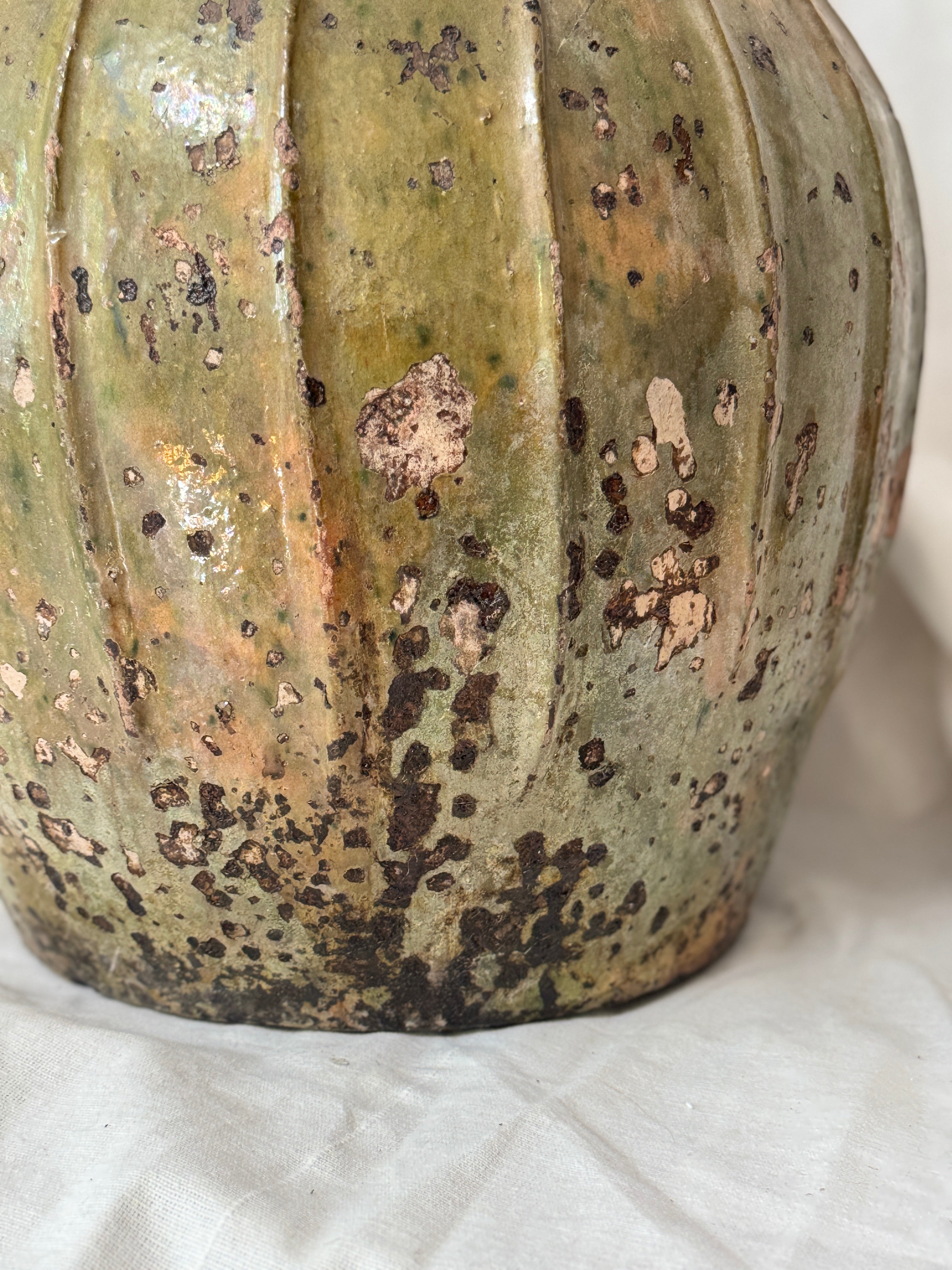 Antique French Walnut Oil Jug, Mélard à Bec, Green Glaze